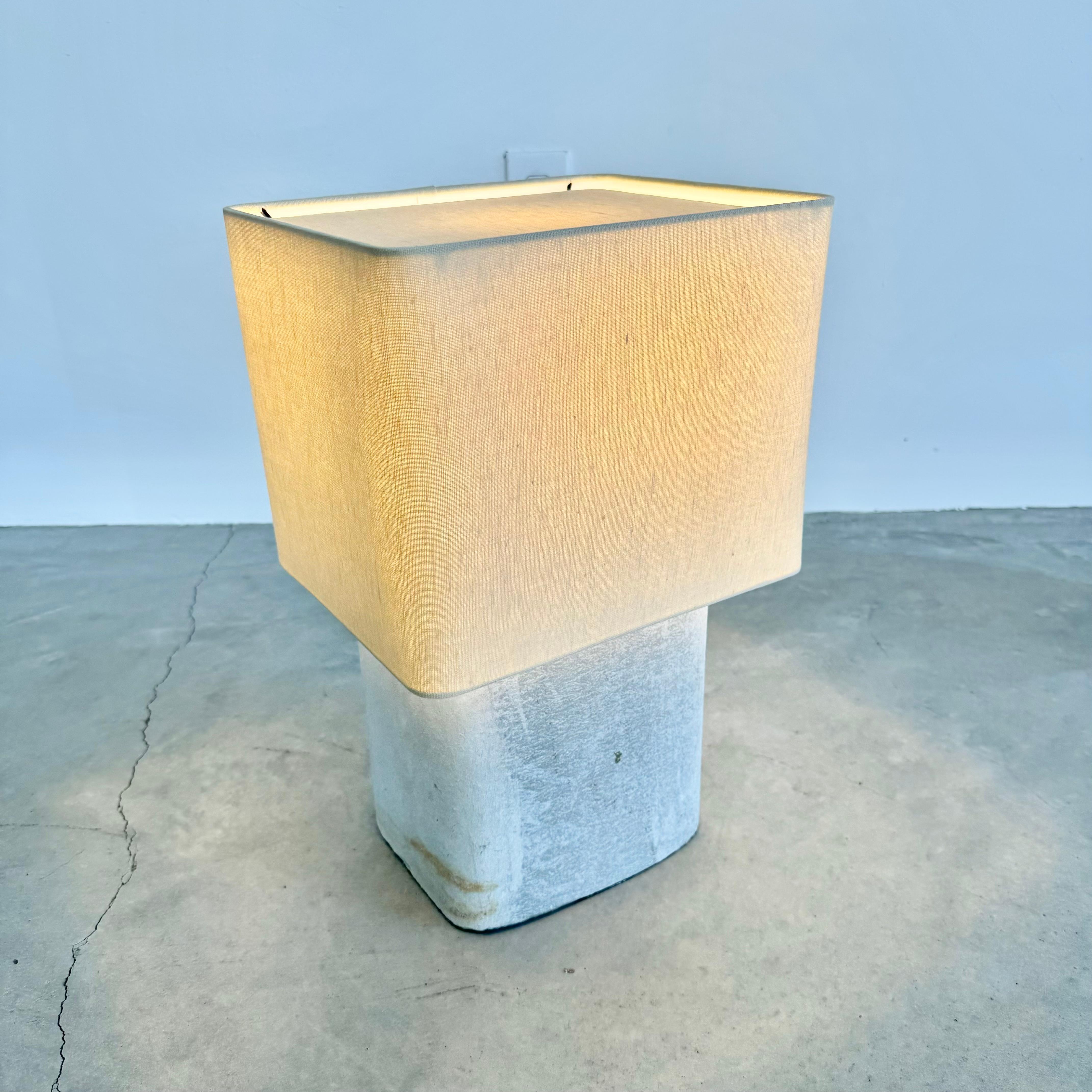 Stunning concrete Willy Guhl lamp by Eternit with teak top cover. Concrete made in Swizterland. Newly fitted as a lamp, re-wired with a new custom linen shade with rounded edges and light diffusor on top. Stunning simplicity and beautiful texture