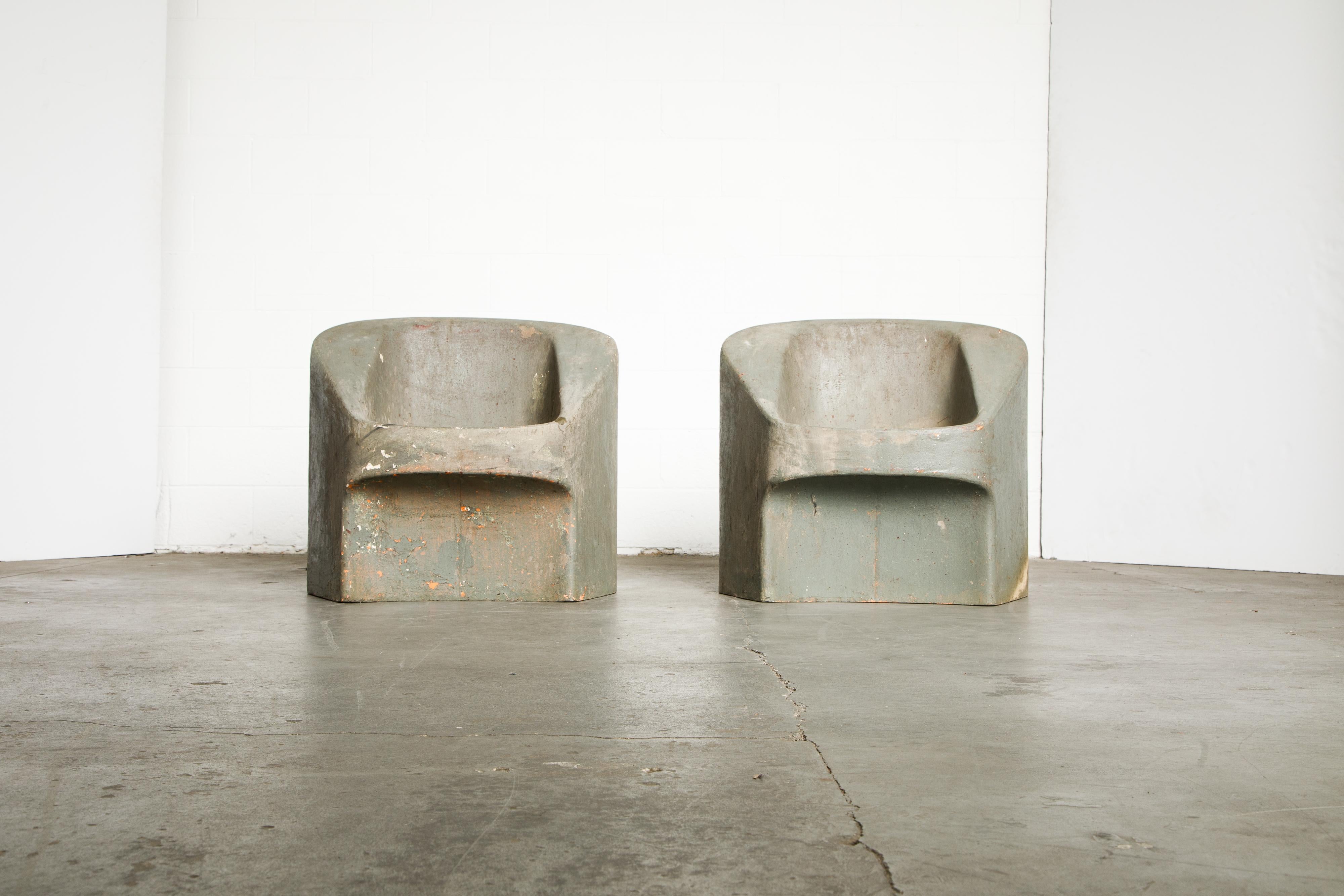 This incredible pair of Modernist concrete garden chairs by Willy Guhl for Eternit (signed with Eternit number embossed stamps) is from 1974 Switzerland and just imported in from a beautiful garden in Brussels. As you can see in the photos, we