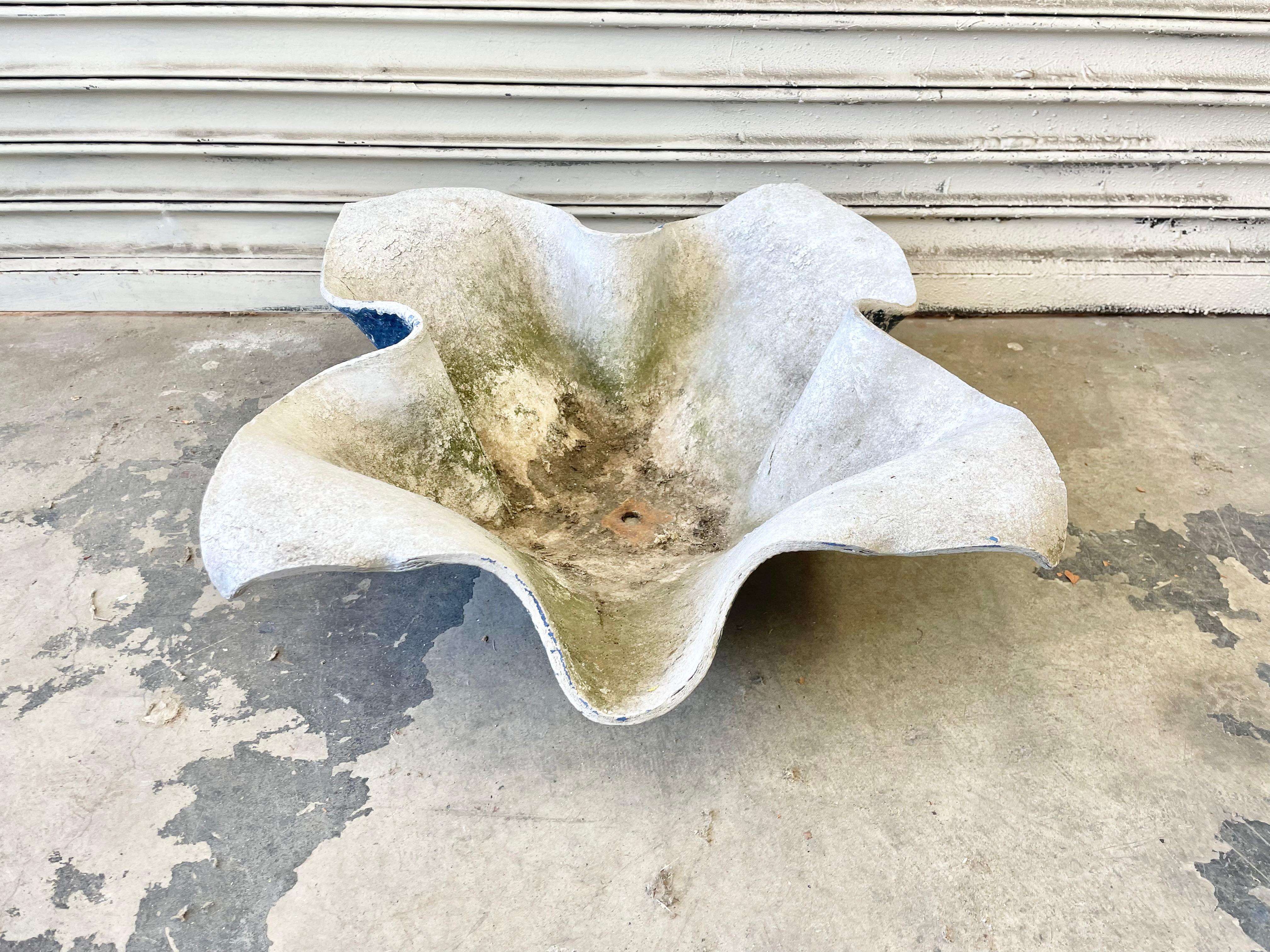 Stunning concrete elephant ear planter by Swiss architect Willy Guhl for Eternit. Great vintage condition. Two available with different coloring/patina. Priced individually. 

 
