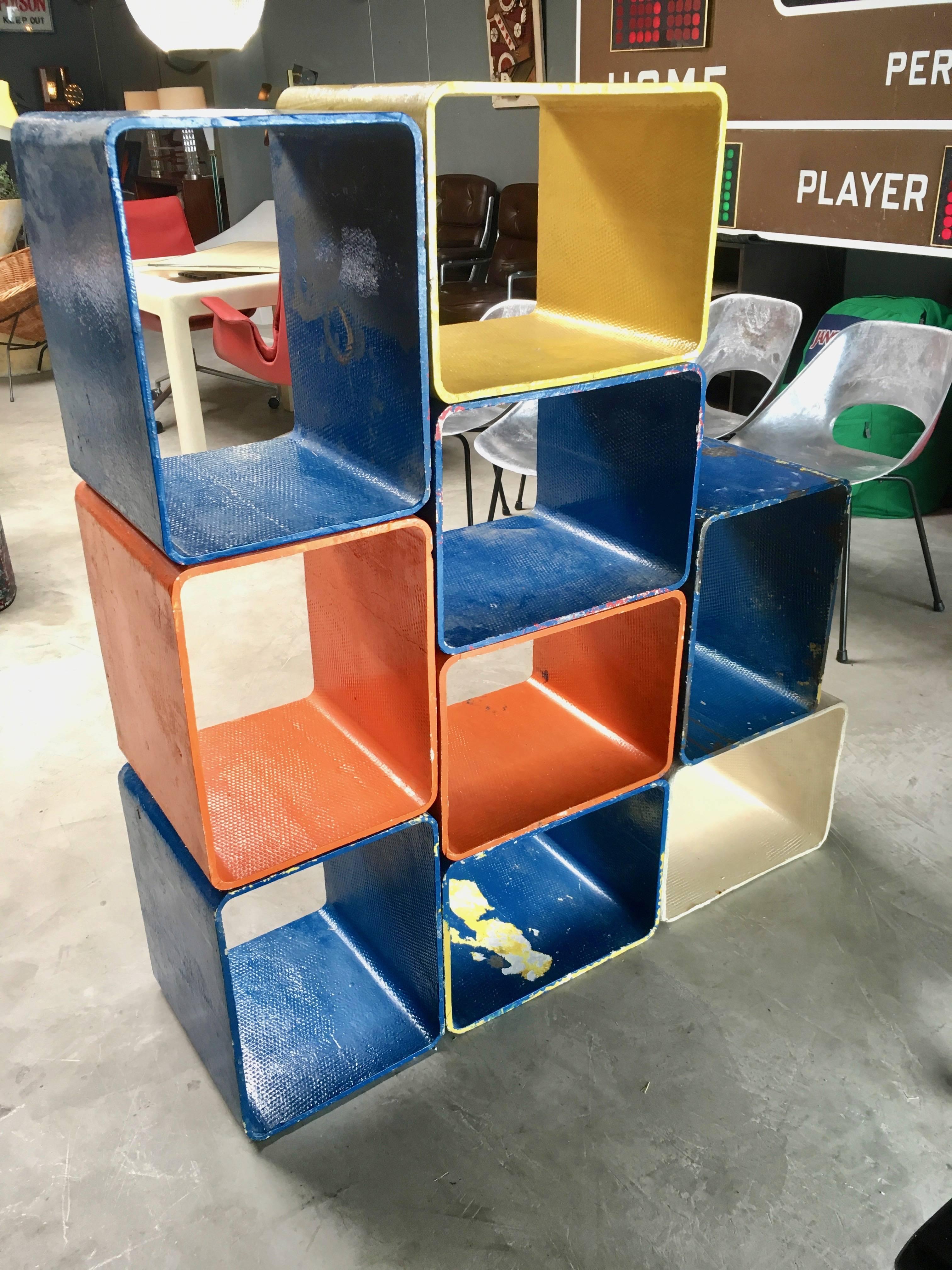Fantastic set of nine modular cement cubes by Swiss architect Willy Guhl for Eternit. Very rare set in great vintage condition. Painted years ago. Unit consists of nine large square cubes. Can be arranged in a multitude of ways. Great standalone
