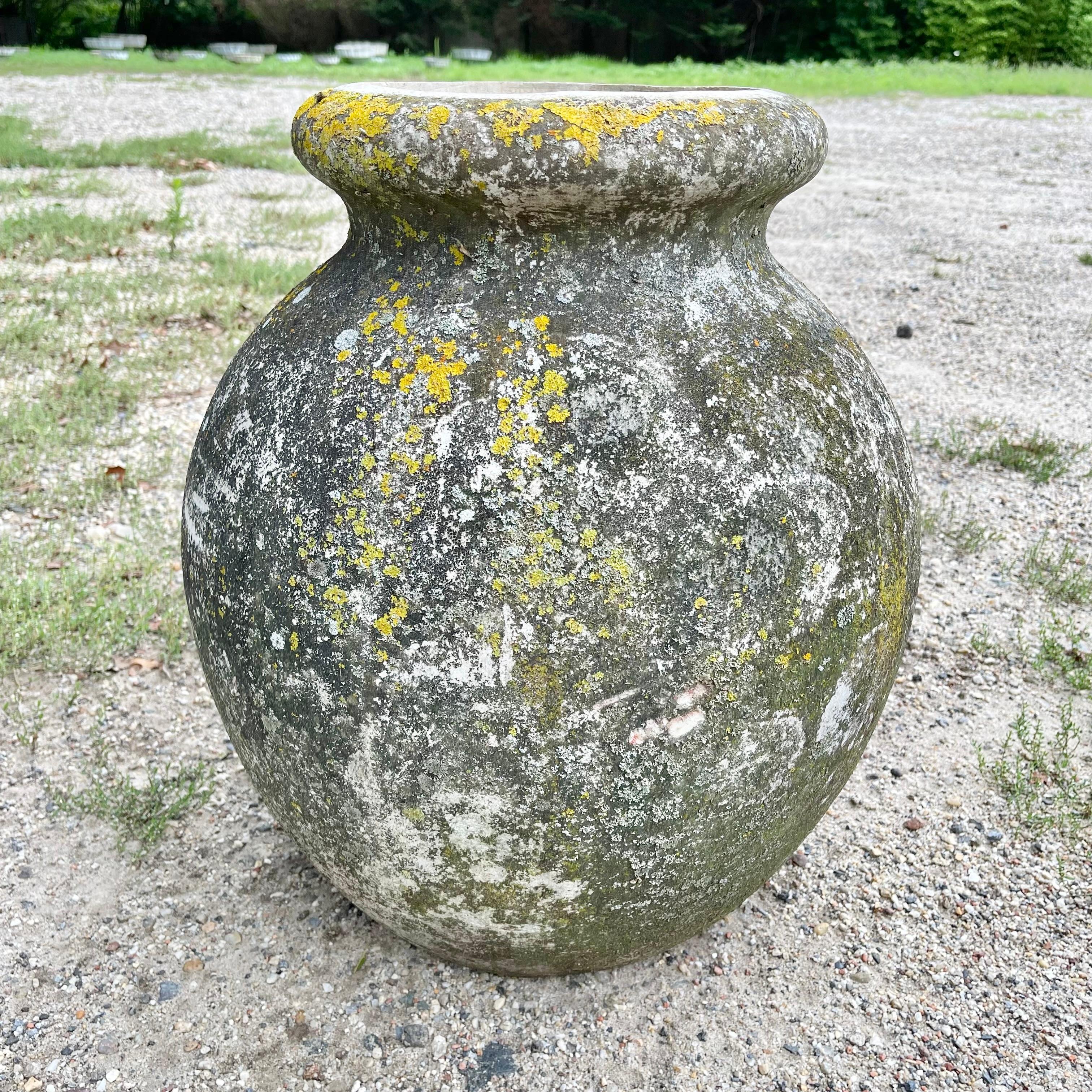 Concrete olive jar planter by Willy Guhl with great patina and prominent presence. Simple and elegant design perfect for any garden or patio. Excellent patina and vintage condition. 7 available in this size. Priced individually. Larger option shown