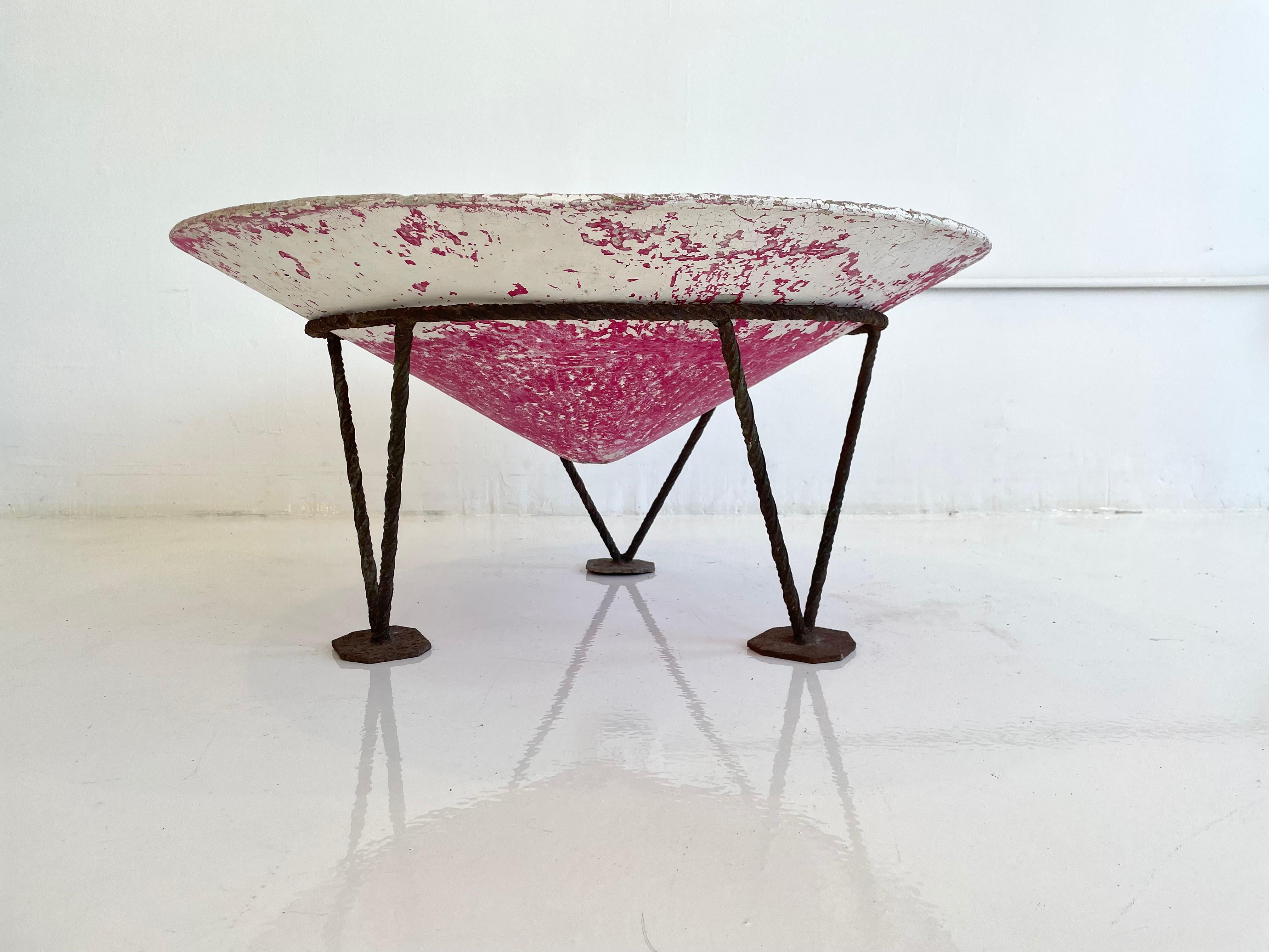 Swiss Willy Guhl Pink Concrete Cone Planter on Iron Stand For Sale