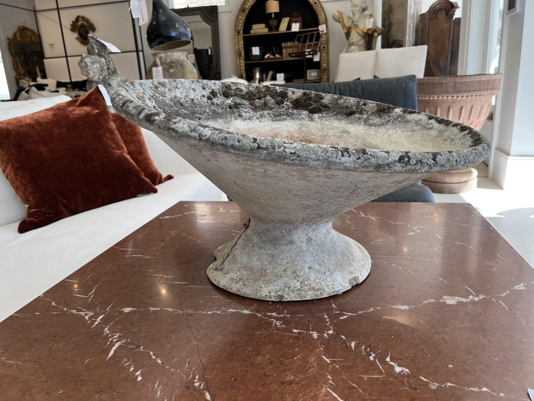 Iconic Willy Guhl designed planter with a tilt! Natural patina inside and out. There are two available.