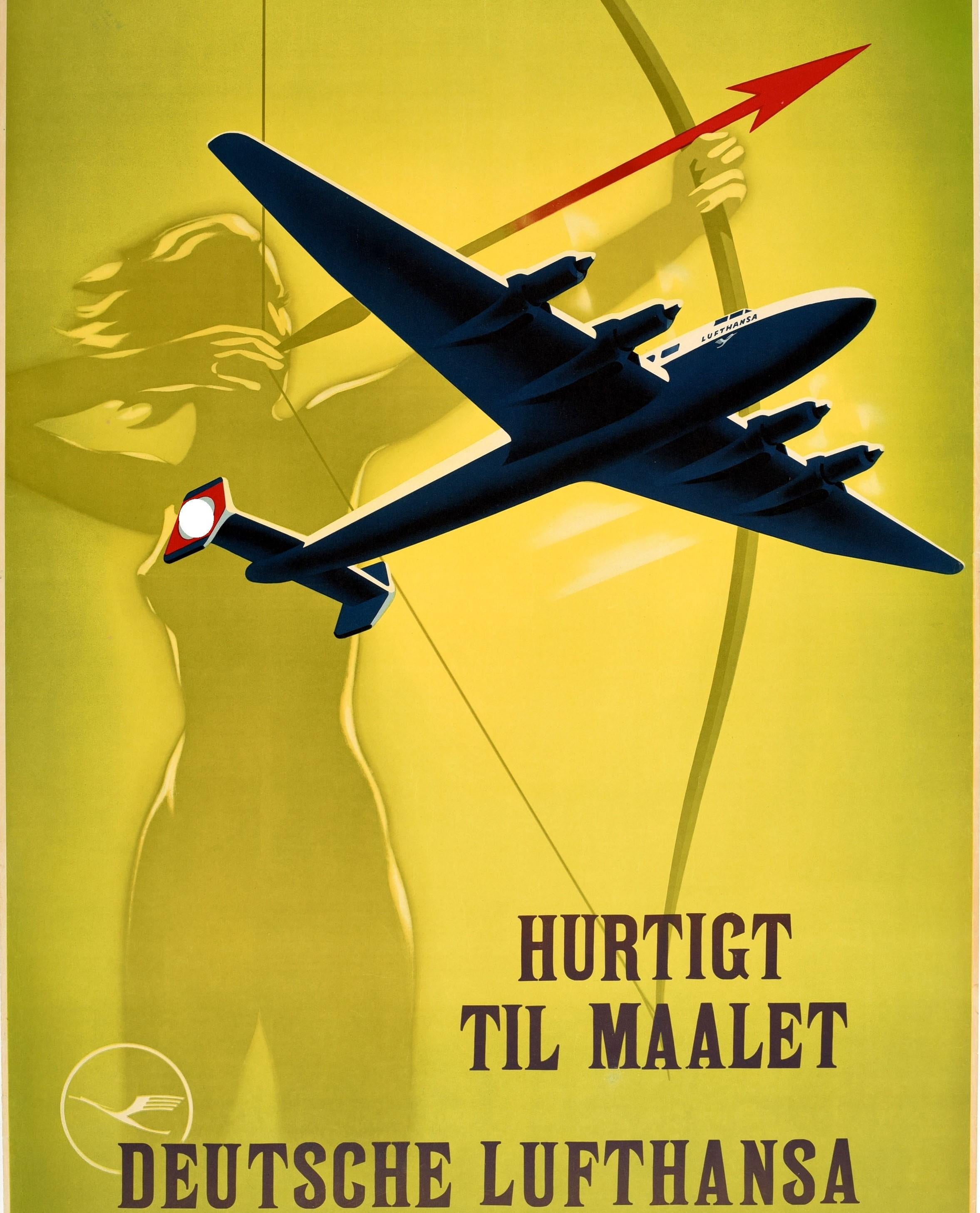 Original Vintage-Reiseplakat Deutsche Lufthansa Fast To The Goal, Pfeil-Design (Art déco), Print, von Willy Hanke