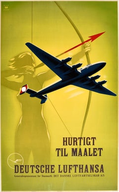 Original Vintage Travel Poster Deutsche Lufthansa Fast To The Goal Arrow Design