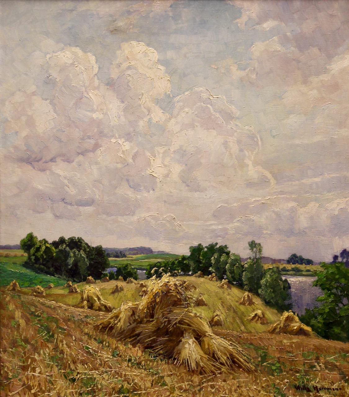 Willy Herrmann, Summer landscape with sheaves of corn. Oil on canvas. For Sale 2