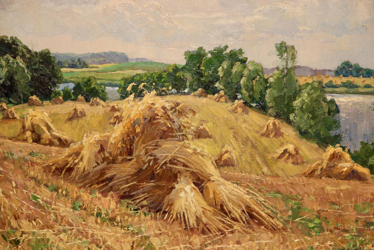 Willy Herrmann, Summer landscape with sheaves of corn. Oil on canvas. For Sale 3