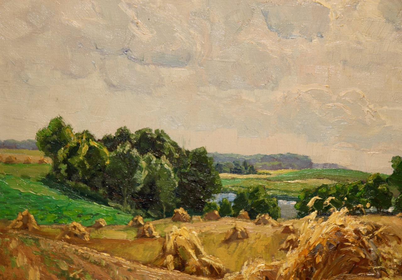 Willy Herrmann, Summer landscape with sheaves of corn. Oil on canvas. For Sale 7