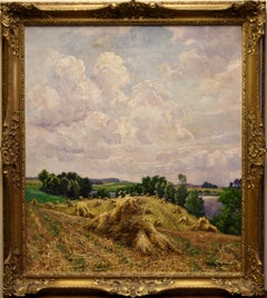 Vintage Willy Herrmann, Summer landscape with sheaves of corn. Oil on canvas.