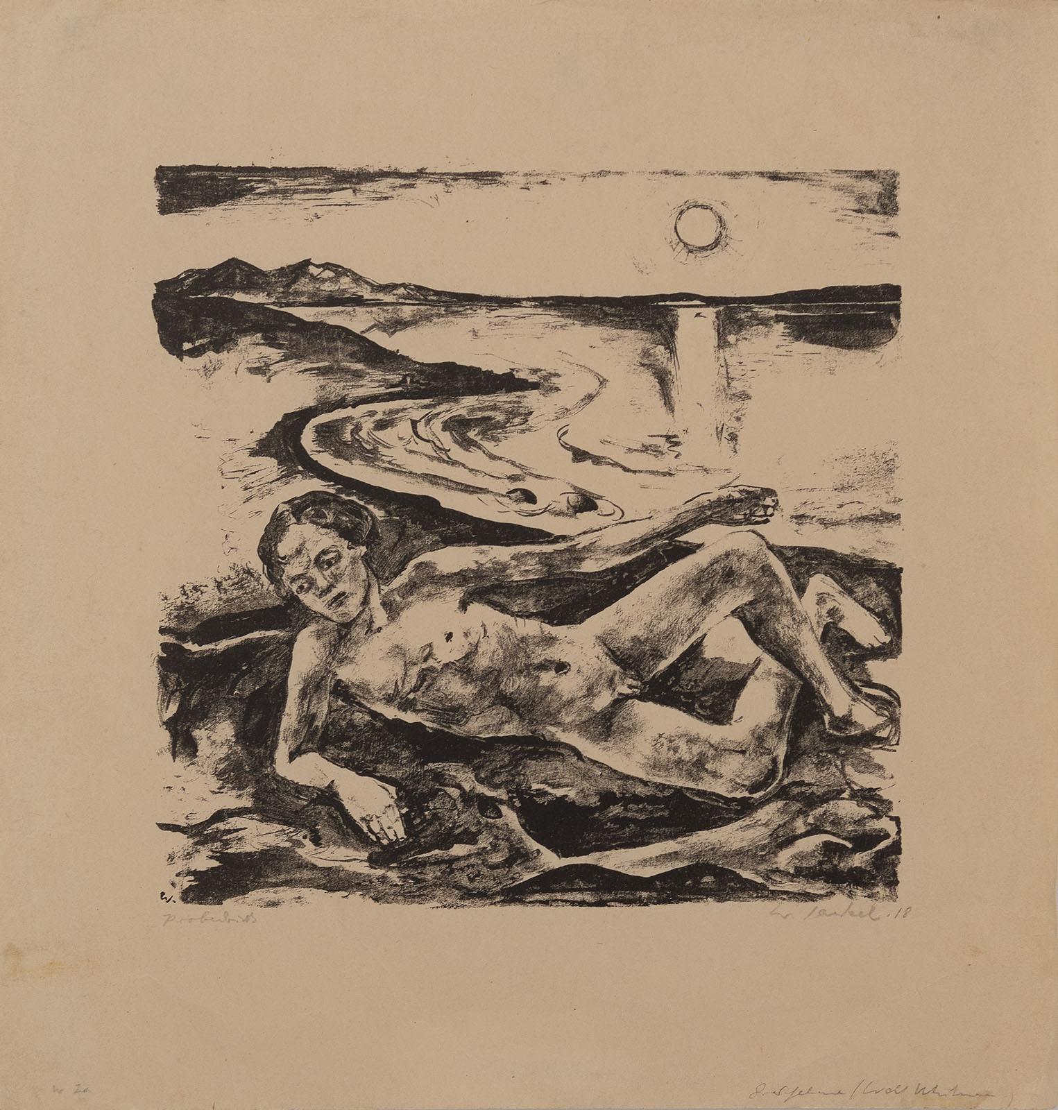 Willy Jaeckel Nude Print – Am Strand liegender Knabenakt