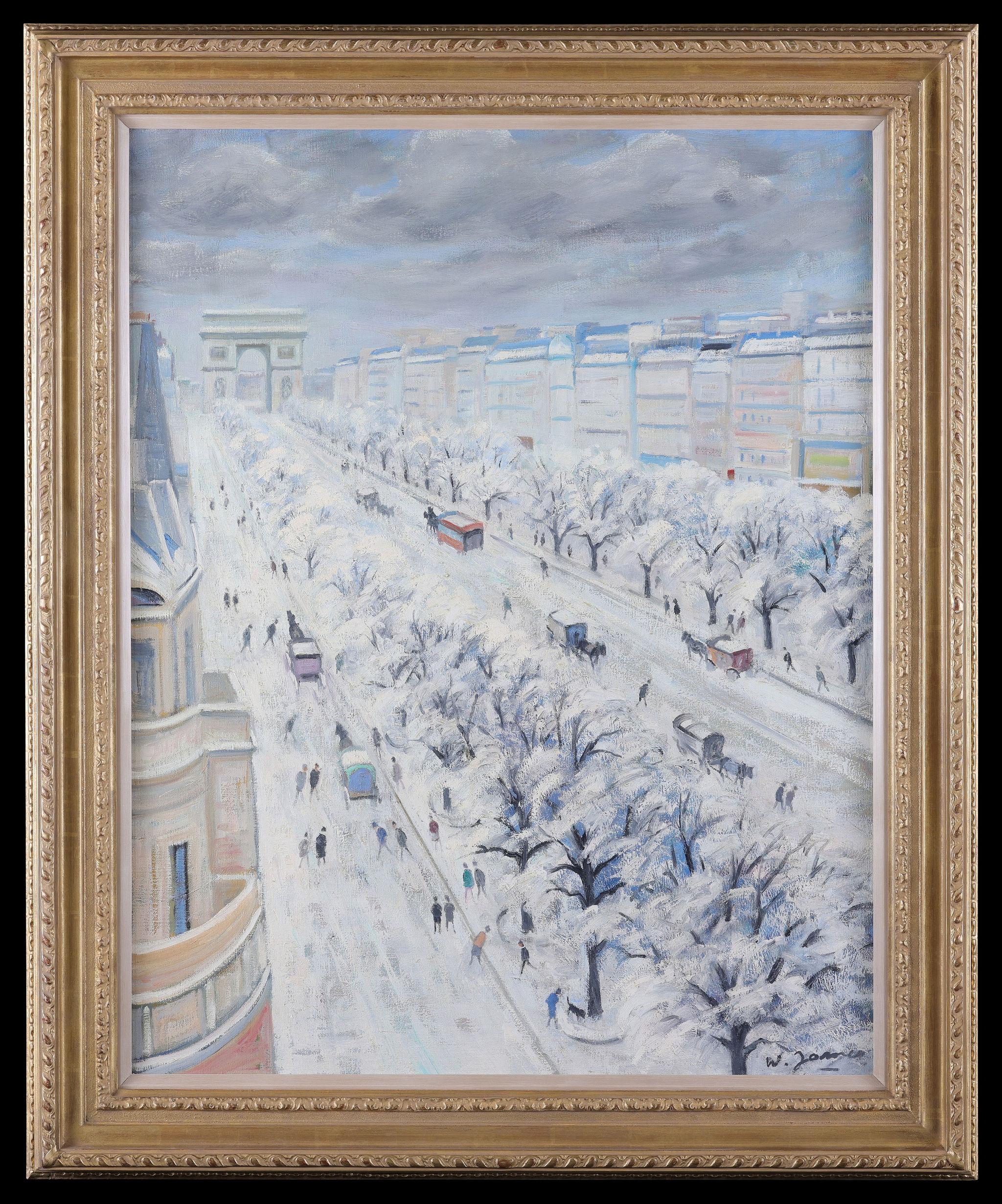Antique Painting of Les Champs Elysees in the Winter Snow by W. James