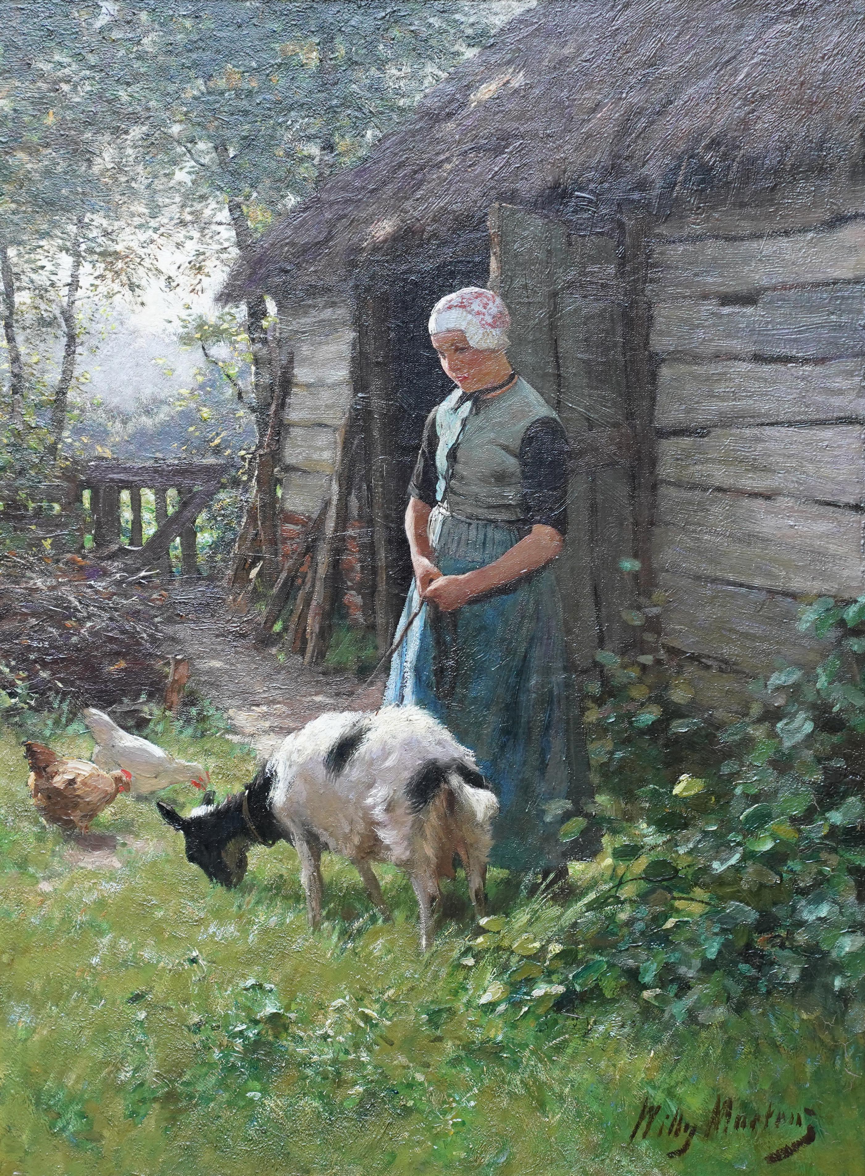 Portrait of a Dutch Girl with Goat - Laren School 19thC pastoral oil painting For Sale 7