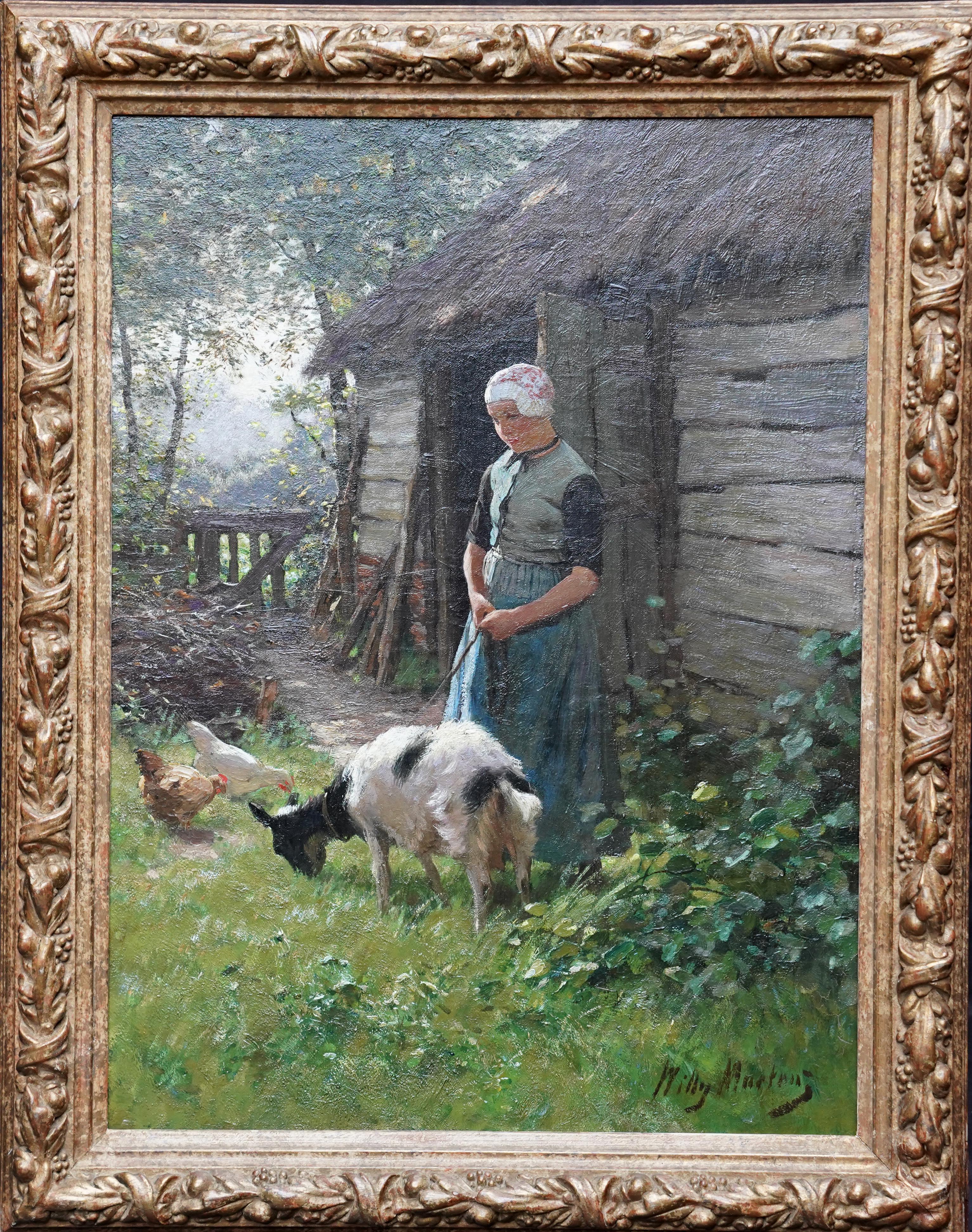 Portrait of a Dutch Girl with Goat - Laren School 19thC pastoral oil painting For Sale 8