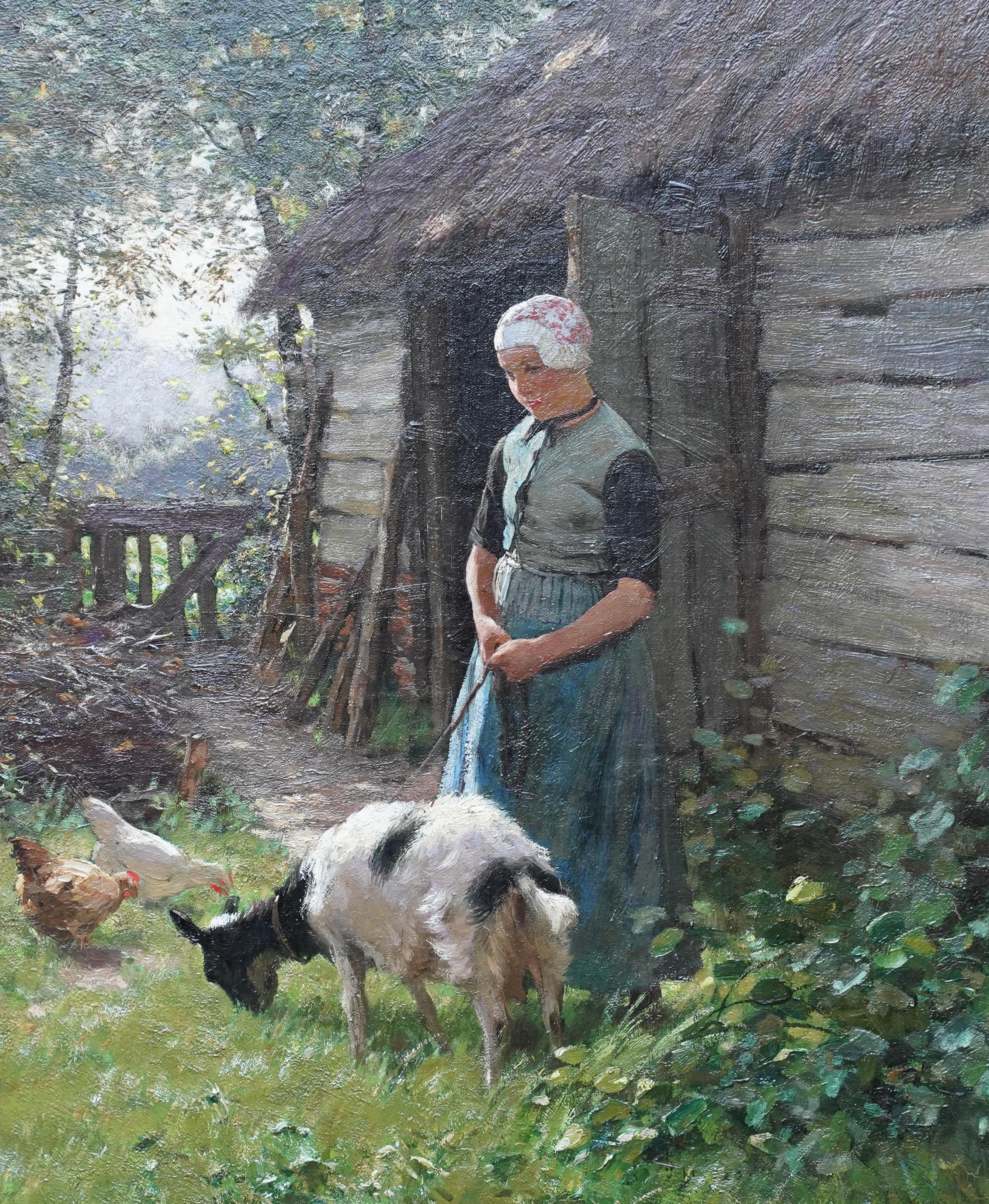 Portrait of a Dutch Girl with Goat - Laren School 19thC pastoral oil painting - Realist Painting by Willy Martens