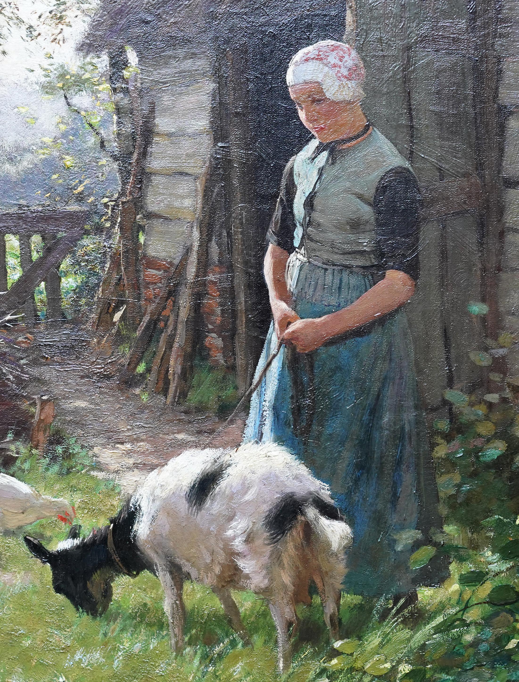 Portrait of a Dutch Girl with Goat - Laren School 19thC pastoral oil painting For Sale 1