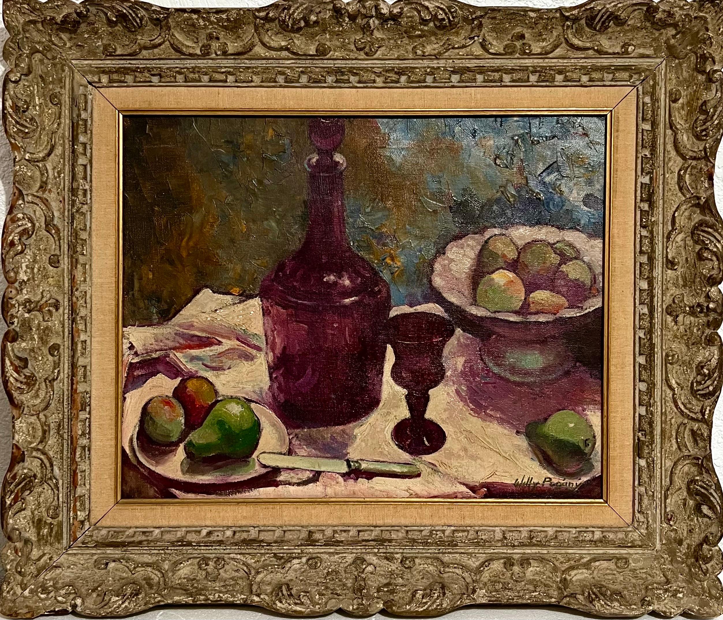 Still life of fruit (with purple glass or crystal)
Hand signed lower right 
Dimensions: (Frame) H 24