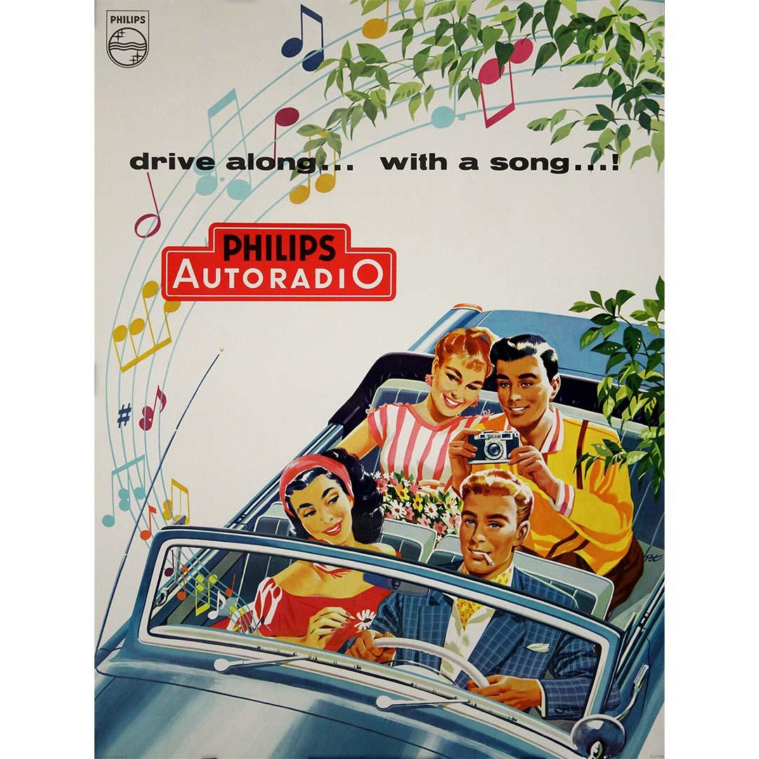 Il poster pubblicitario originale di Willy Pot per Philips Autoradio, risalente al 1960, è un'opera d'arte commerciale che cattura l'essenza della cultura automobilistica della metà del secolo. Lo slogan "Guida... con una canzone...!" racchiude