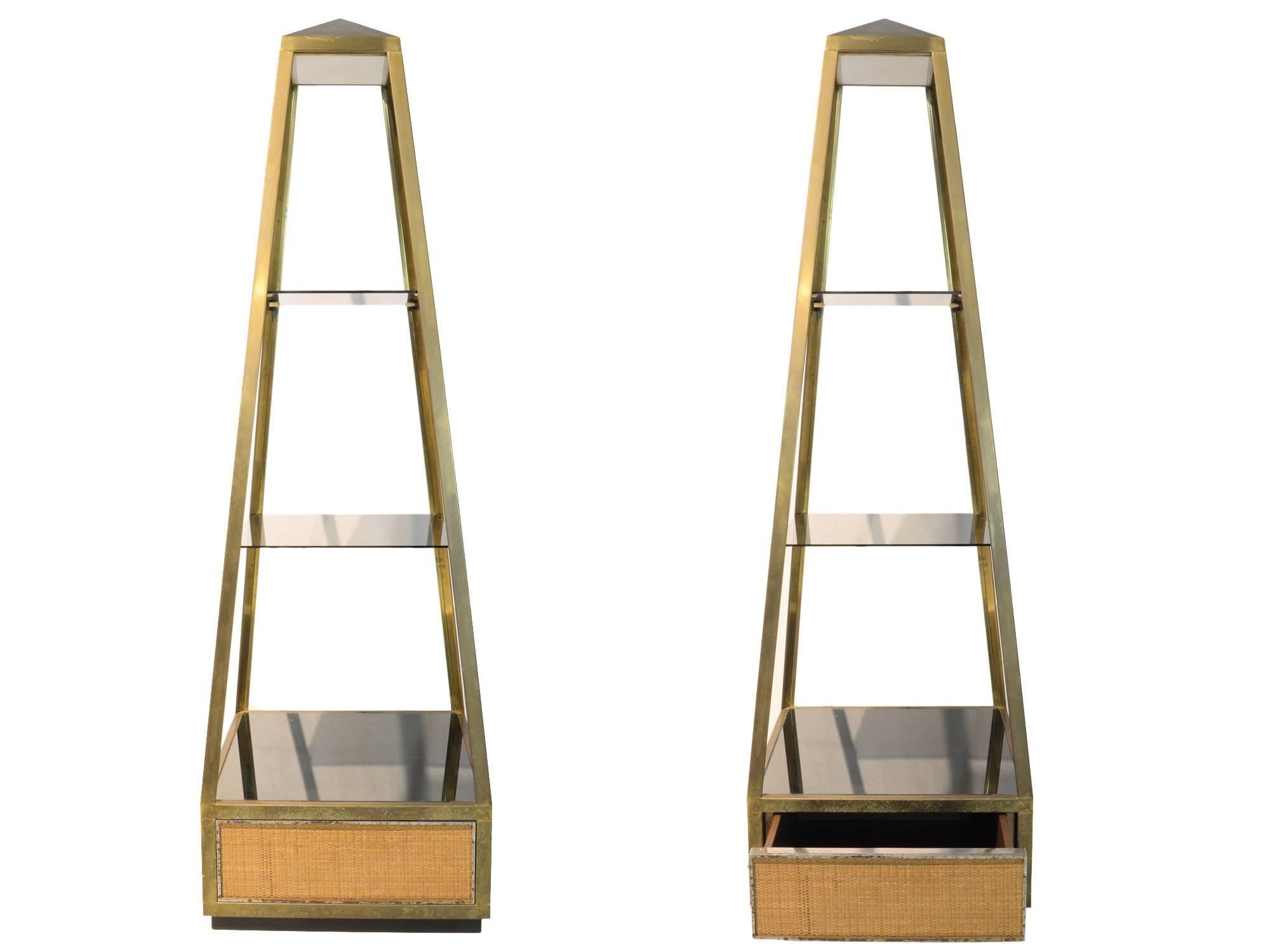 Willy Rizzo, Pair of Stands with Obelisk Shape in Brass and Glass 4