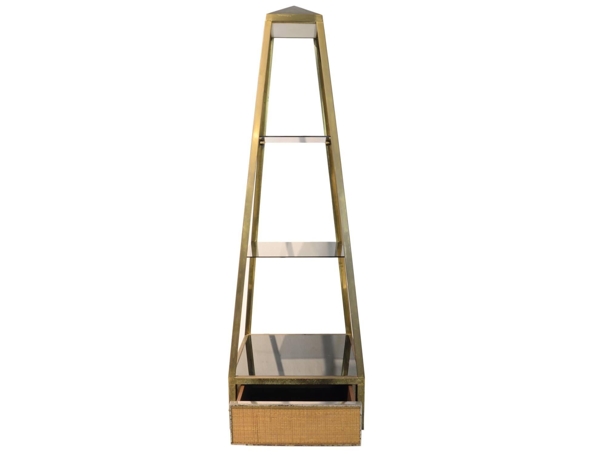French Willy Rizzo, Pair of Stands with Obelisk Shape in Brass and Glass
