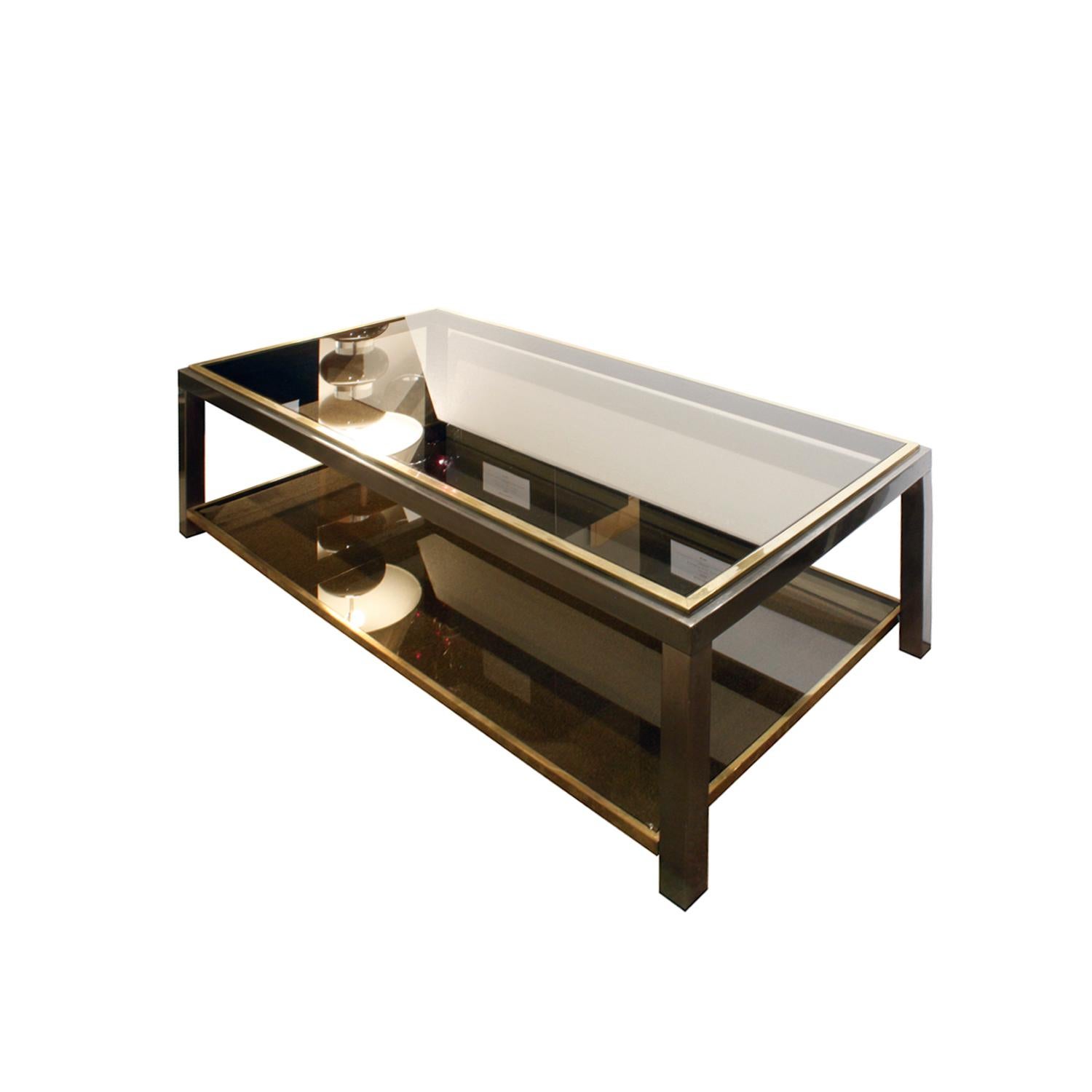 Mid-Century Modern Willy Rizzo 2-Tier Coffee Table in Gunmetal and Brass, 1960s