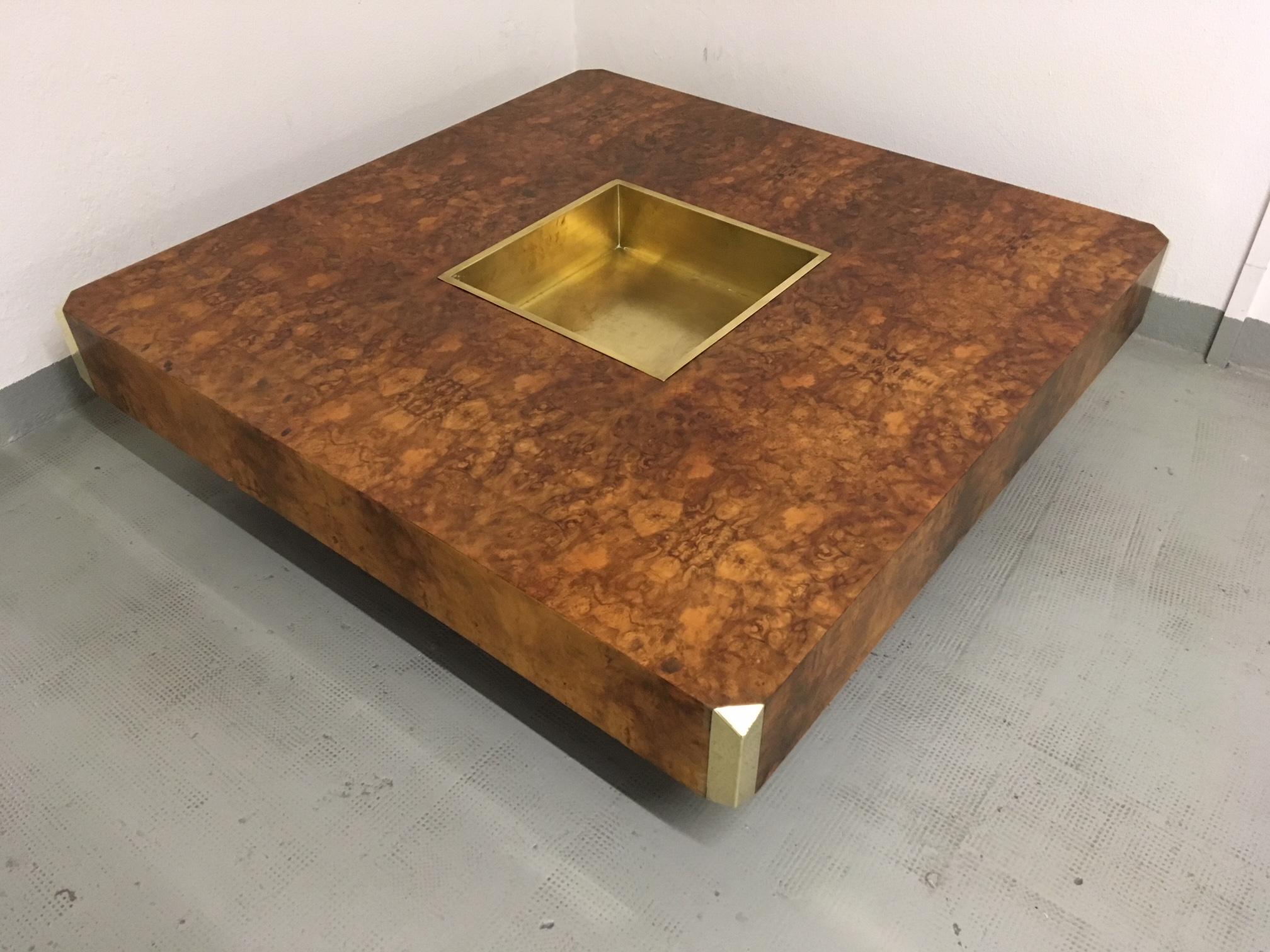 Brass Willy Rizzo Alveo Burl Wood Cocktail Table, 1970s