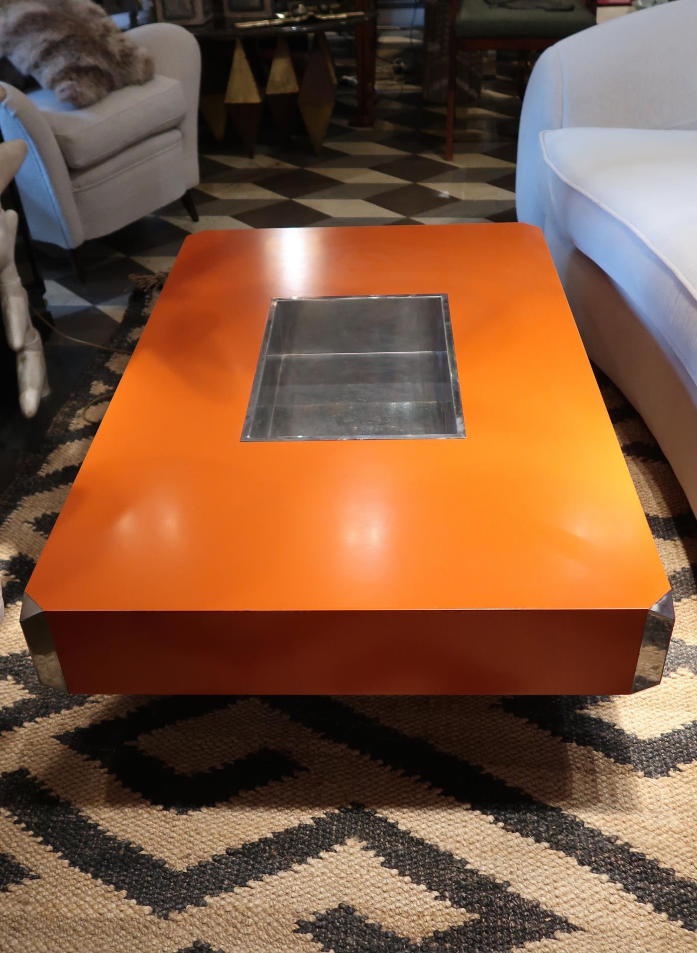 Willy Rizzo, Alveo orange lacquered and steel midcentury Italian coffee table, 1970.