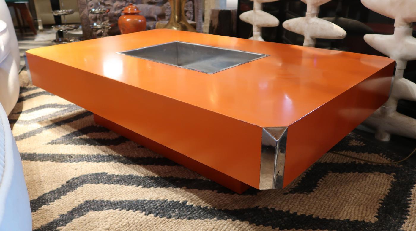 Mid-Century Modern Willy Rizzo, Alveo Orange Lacquered & Steel Midcentury Italian Coffee Table 1970 For Sale