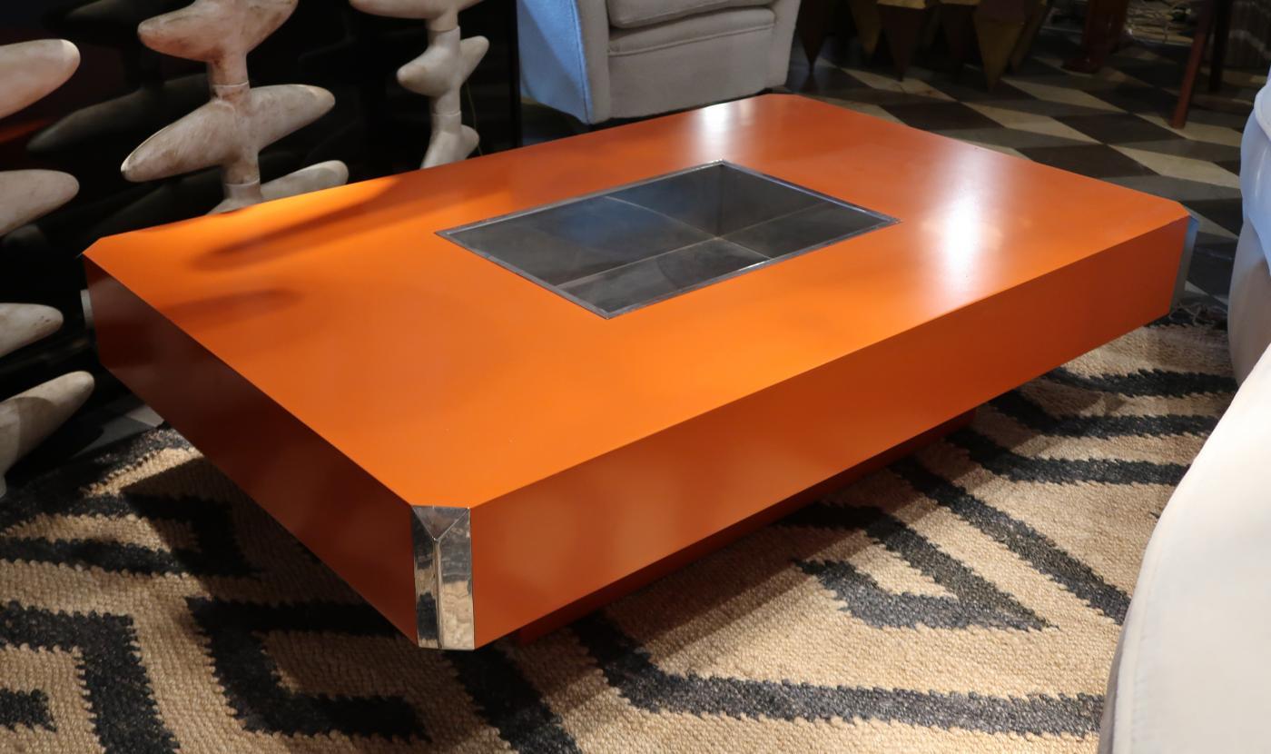 Willy Rizzo, Alveo Orange Lacquered & Steel Midcentury Italian Coffee Table 1970 In Good Condition For Sale In Madrid, ES