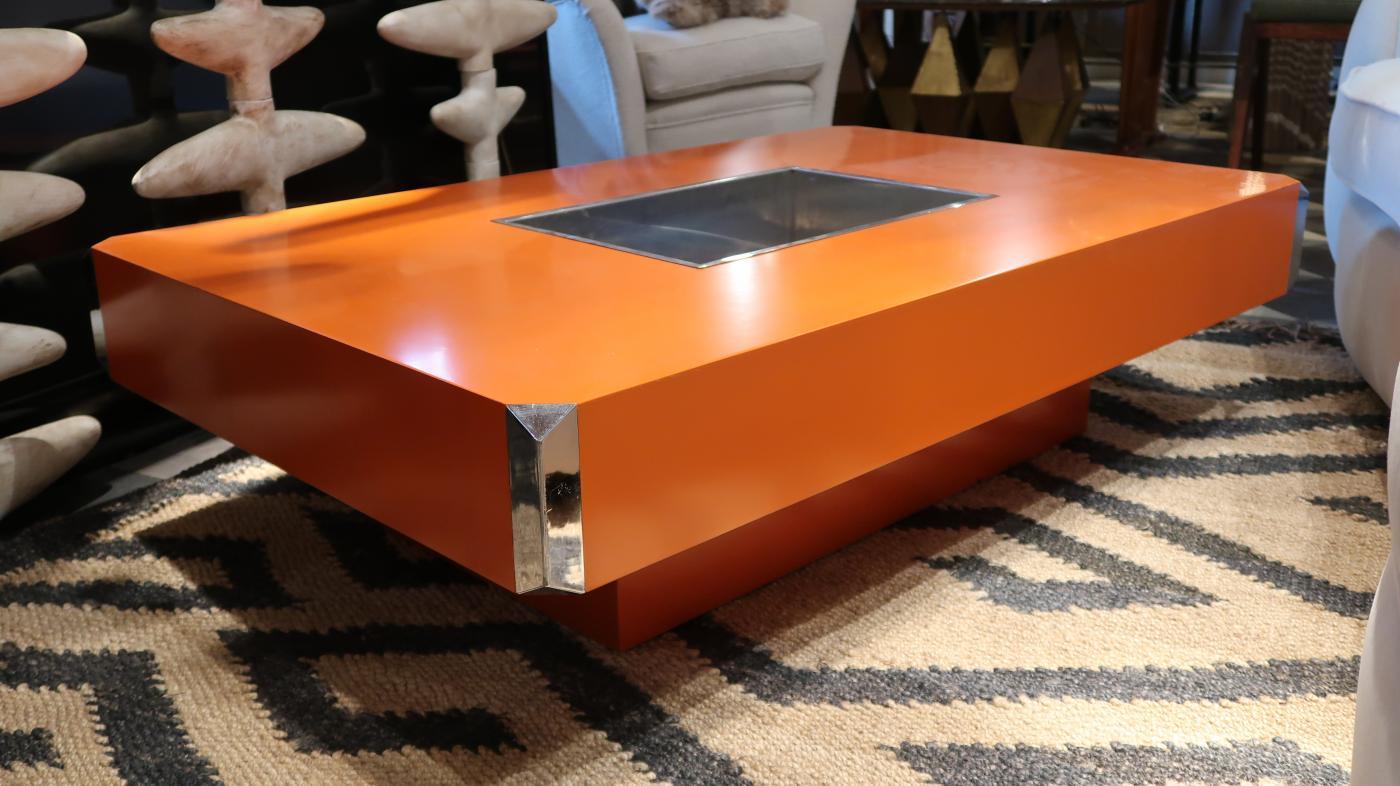 Late 20th Century Willy Rizzo, Alveo Orange Lacquered & Steel Midcentury Italian Coffee Table 1970 For Sale