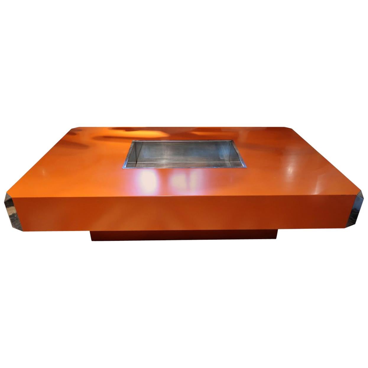 Willy Rizzo, Alveo Orange Lacquered & Steel Midcentury Italian Coffee Table 1970 For Sale