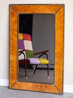 Willy Rizzo "Alveo Range" Vintage Italian Burl Elm Brass Mirror, circa 1970