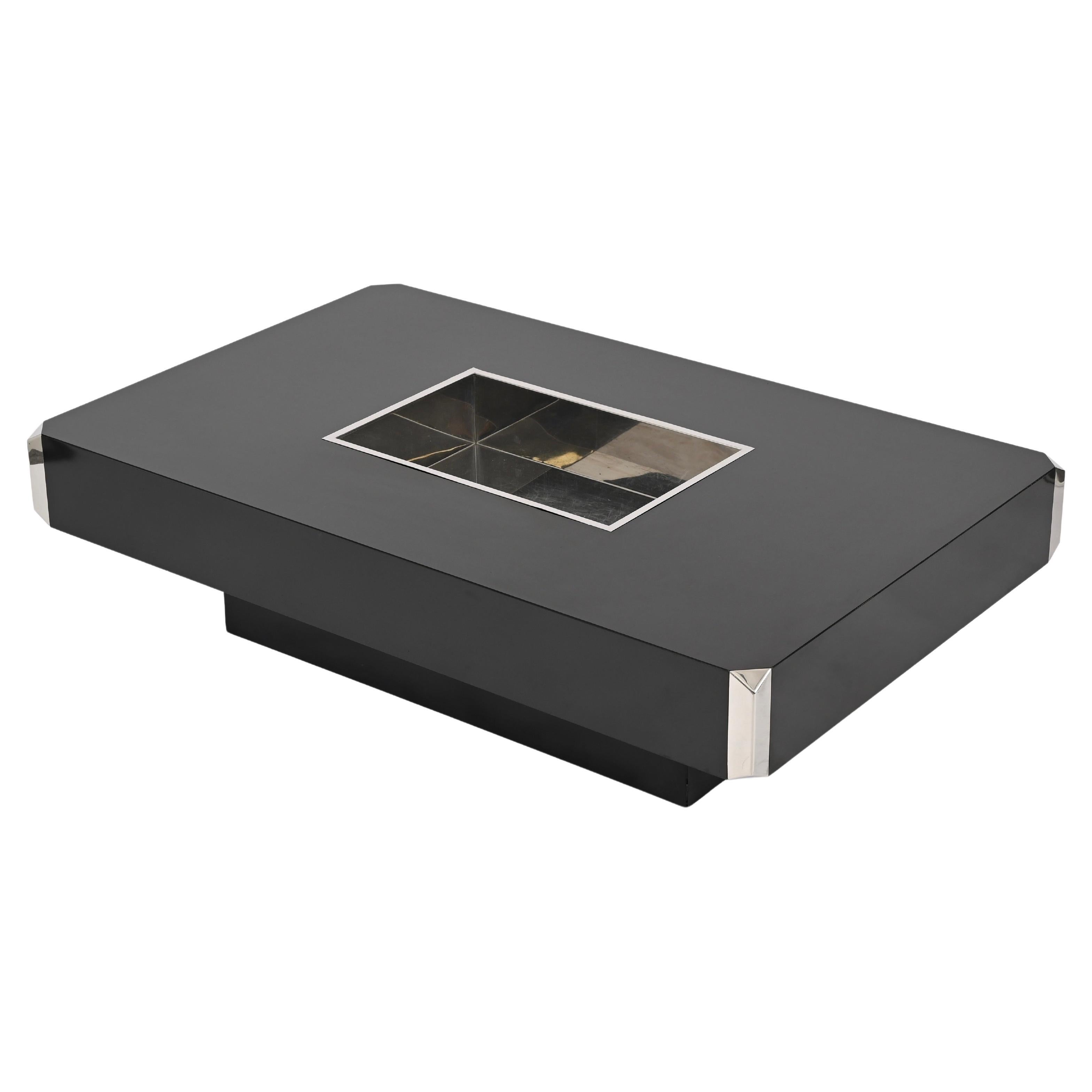 Willy Rizzo "Alveo" Rectangular Black Coffee Table with Chrome Tray, Italy 1970s