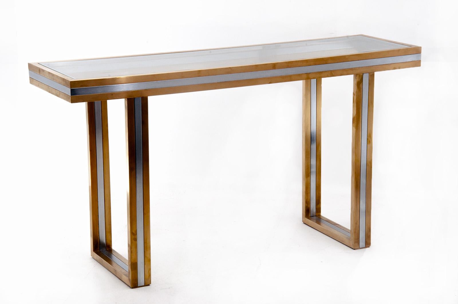 Hollywood Regency Willy Rizzo Attributed Console Table, in Brass, 1970, France, Bicolored