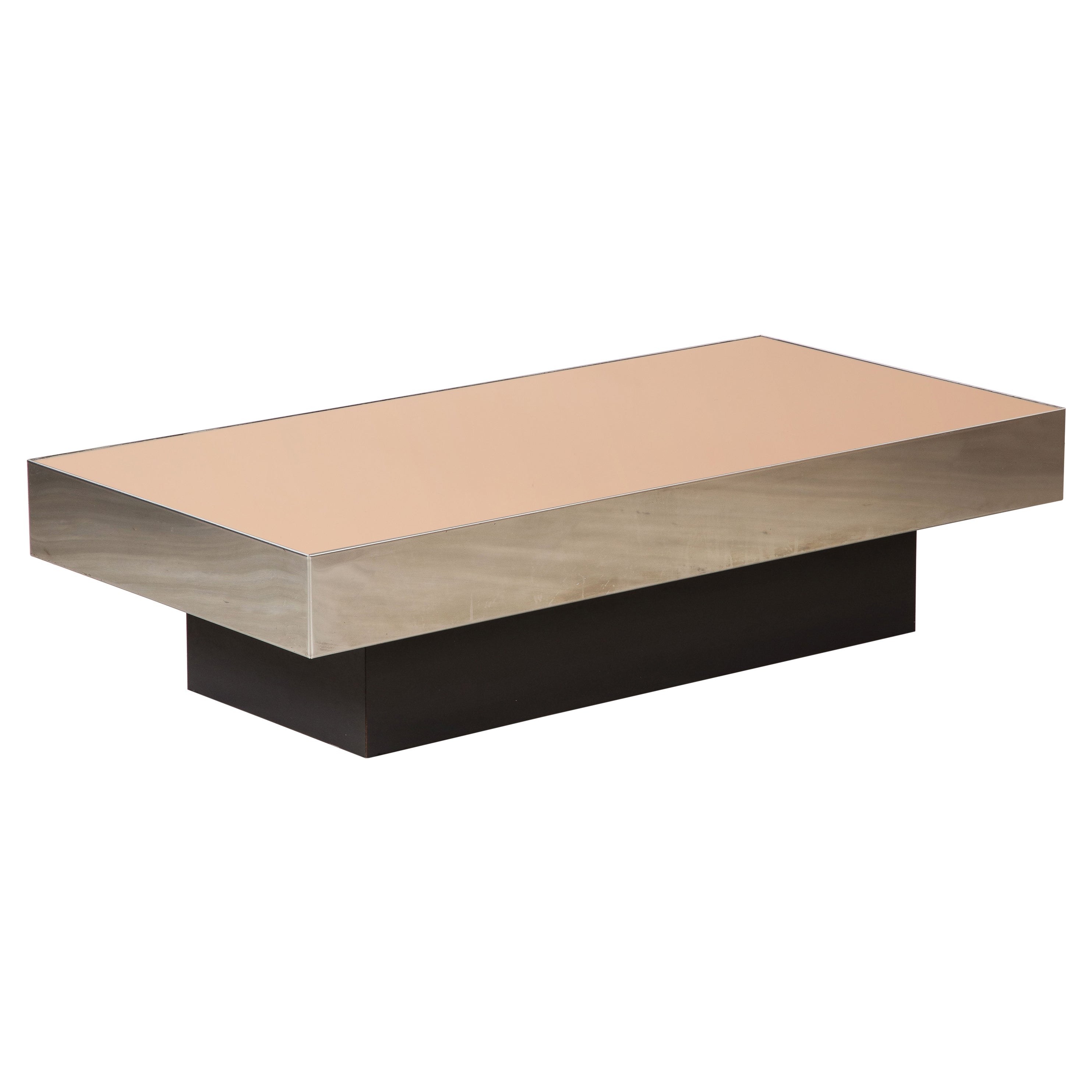 Willy Rizzo Att. Mesa de centro rectangular italiana de oro rosa y cromo de los años 70