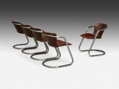 Willy Rizzo attr, Chromed Steel, Leather, Tubular Dining Chairs, Italy, 1970s