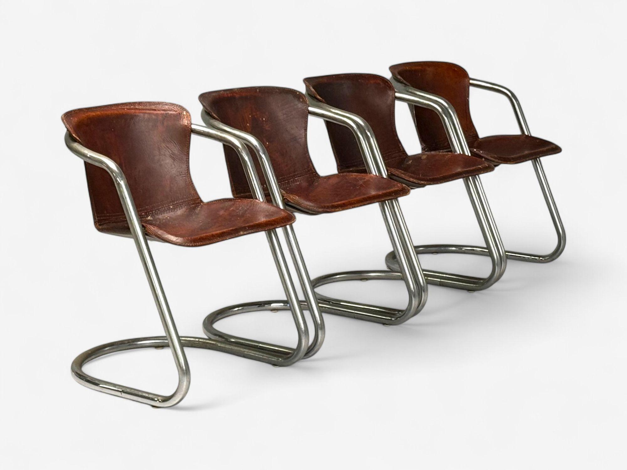 Willy Rizzo atr, Acero cromado, Cuero, Sillas de comedor tubulares, Italia, 1970s Moderno de mediados de siglo en venta