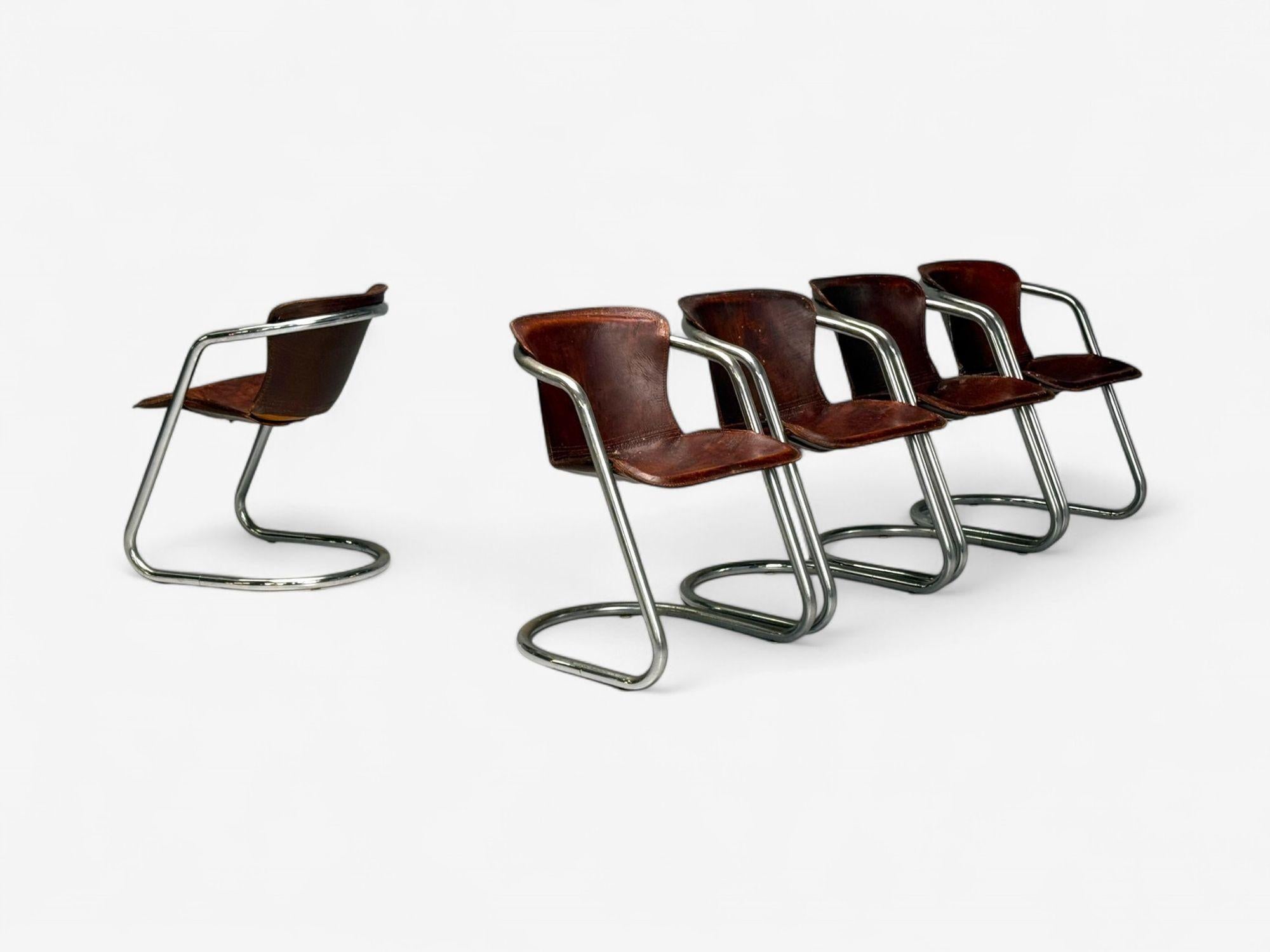 Willy Rizzo atr, Acero cromado, Cuero, Sillas de comedor tubulares, Italia, 1970s Italiano en venta
