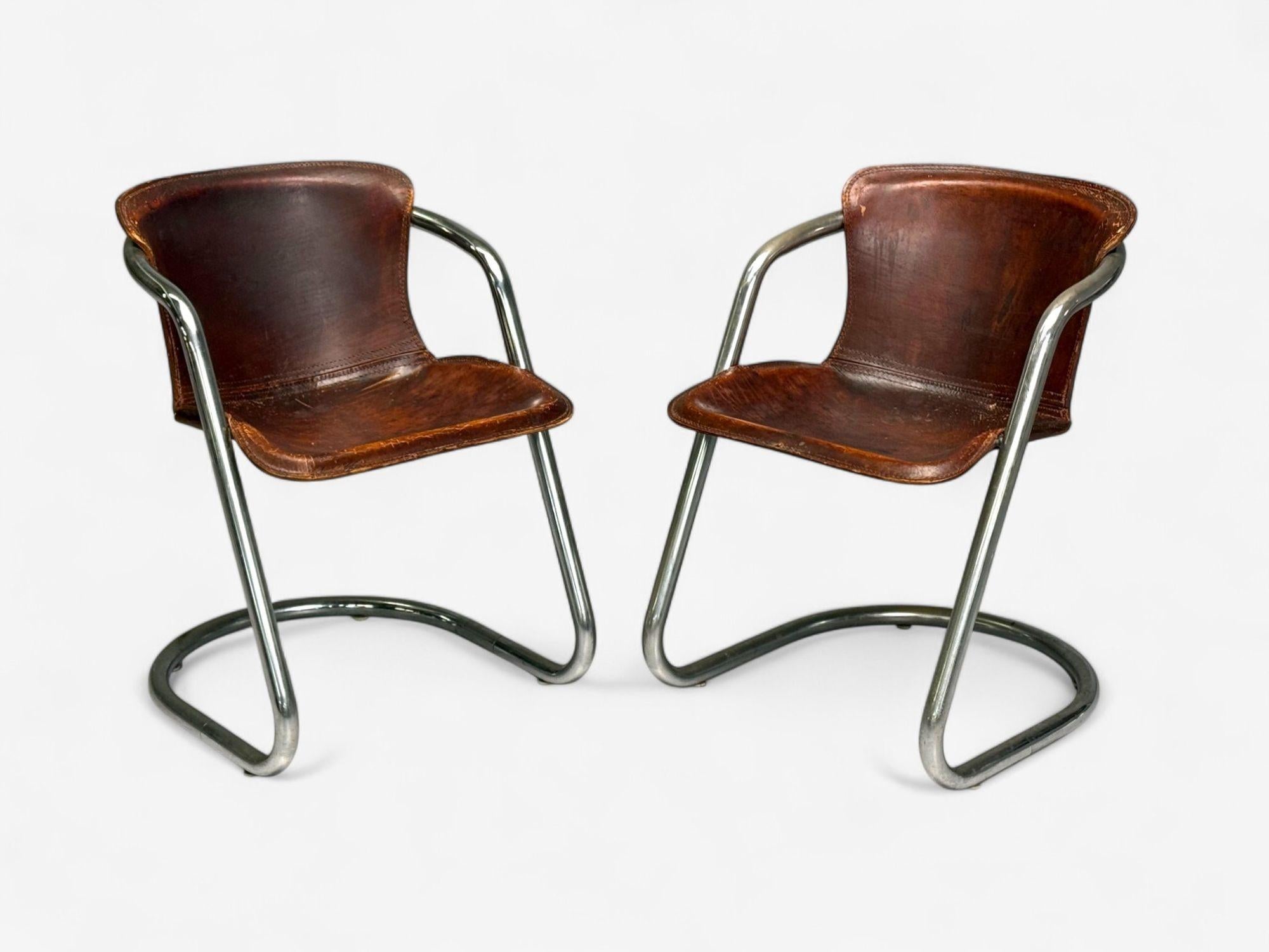 Willy Rizzo atr, Acero cromado, Cuero, Sillas de comedor tubulares, Italia, 1970s finales del siglo XX en venta
