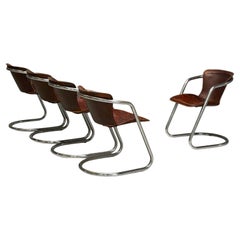 Willy Rizzo attr, Chromed Steel, Leather, Tubular Dining Chairs, Italy, 1970s