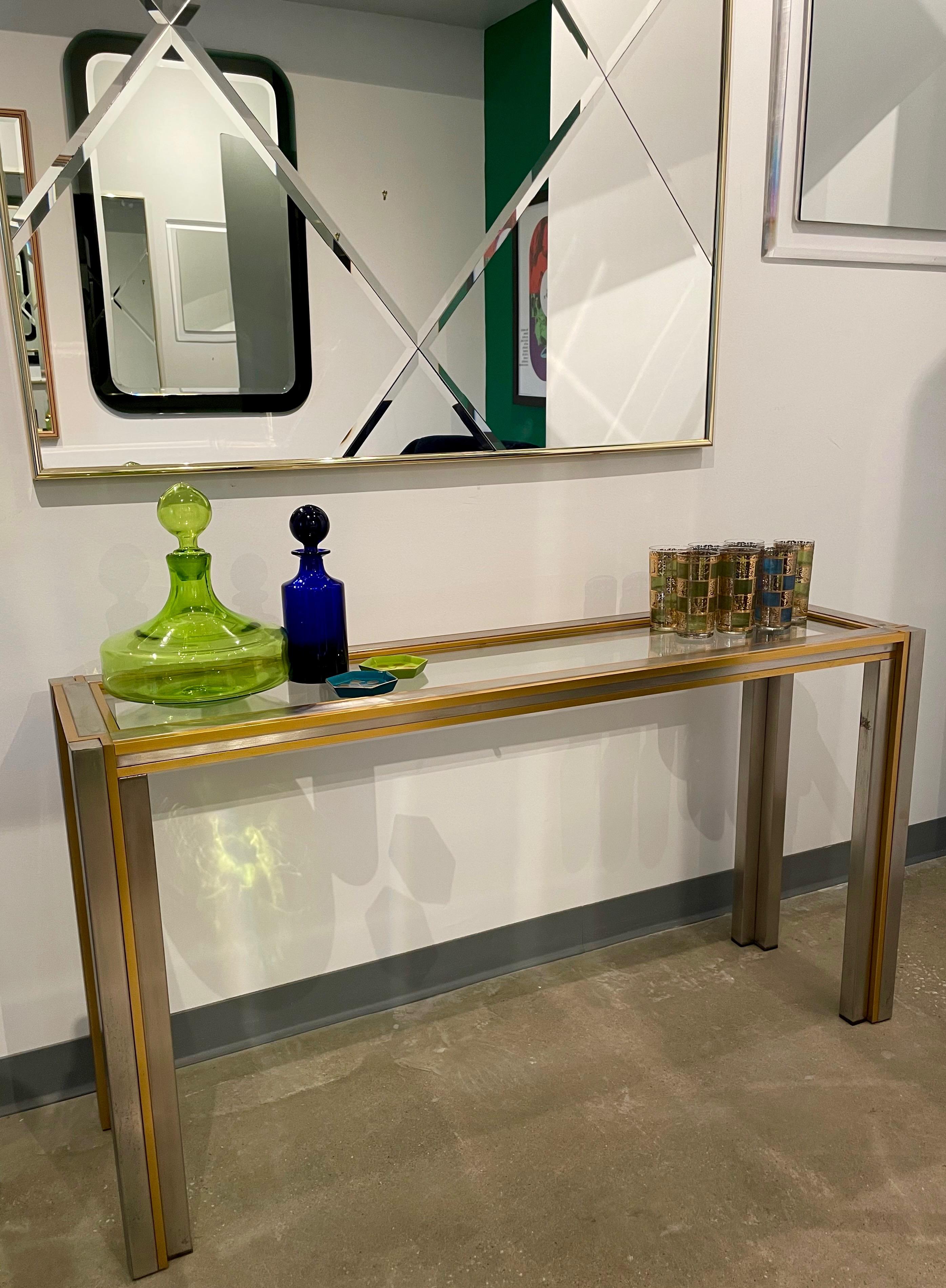 Willy Rizzo Attrib, Inlaid Glass, Gold Tone Aluminum & Steel Frame Console Table 13
