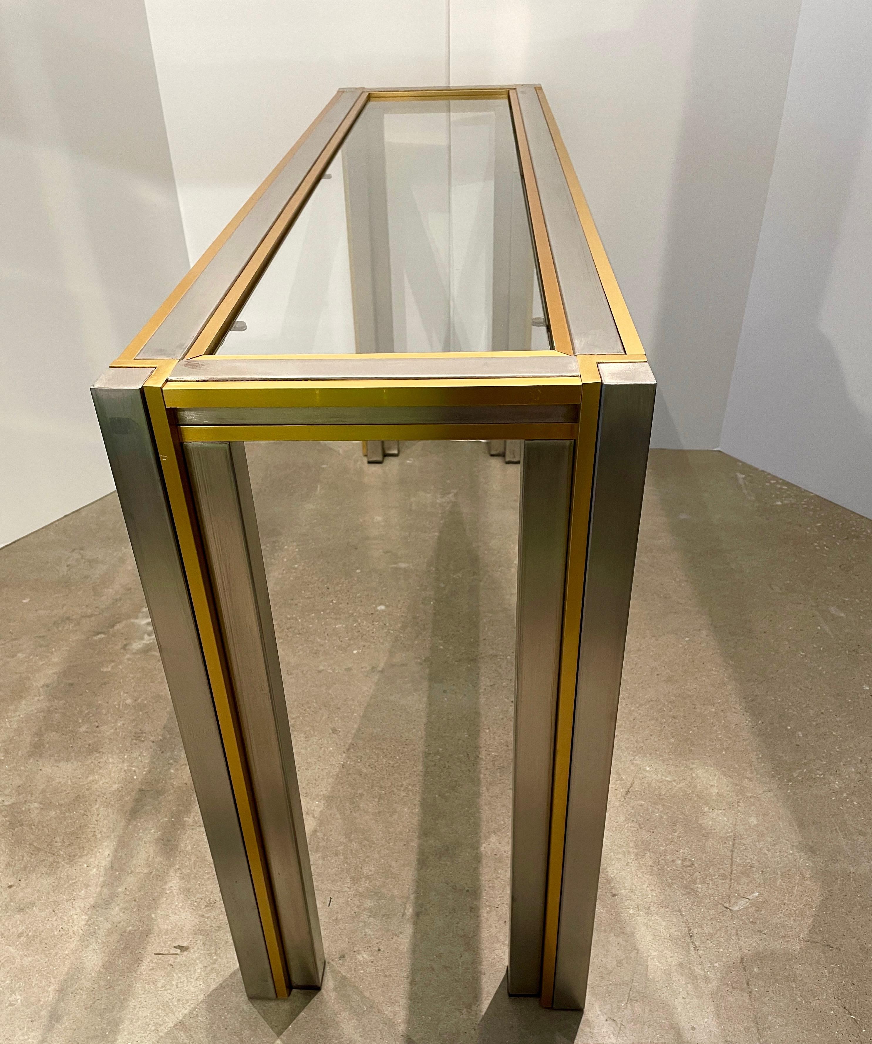 Anodized Willy Rizzo Attrib, Inlaid Glass, Gold Tone Aluminum & Steel Frame Console Table