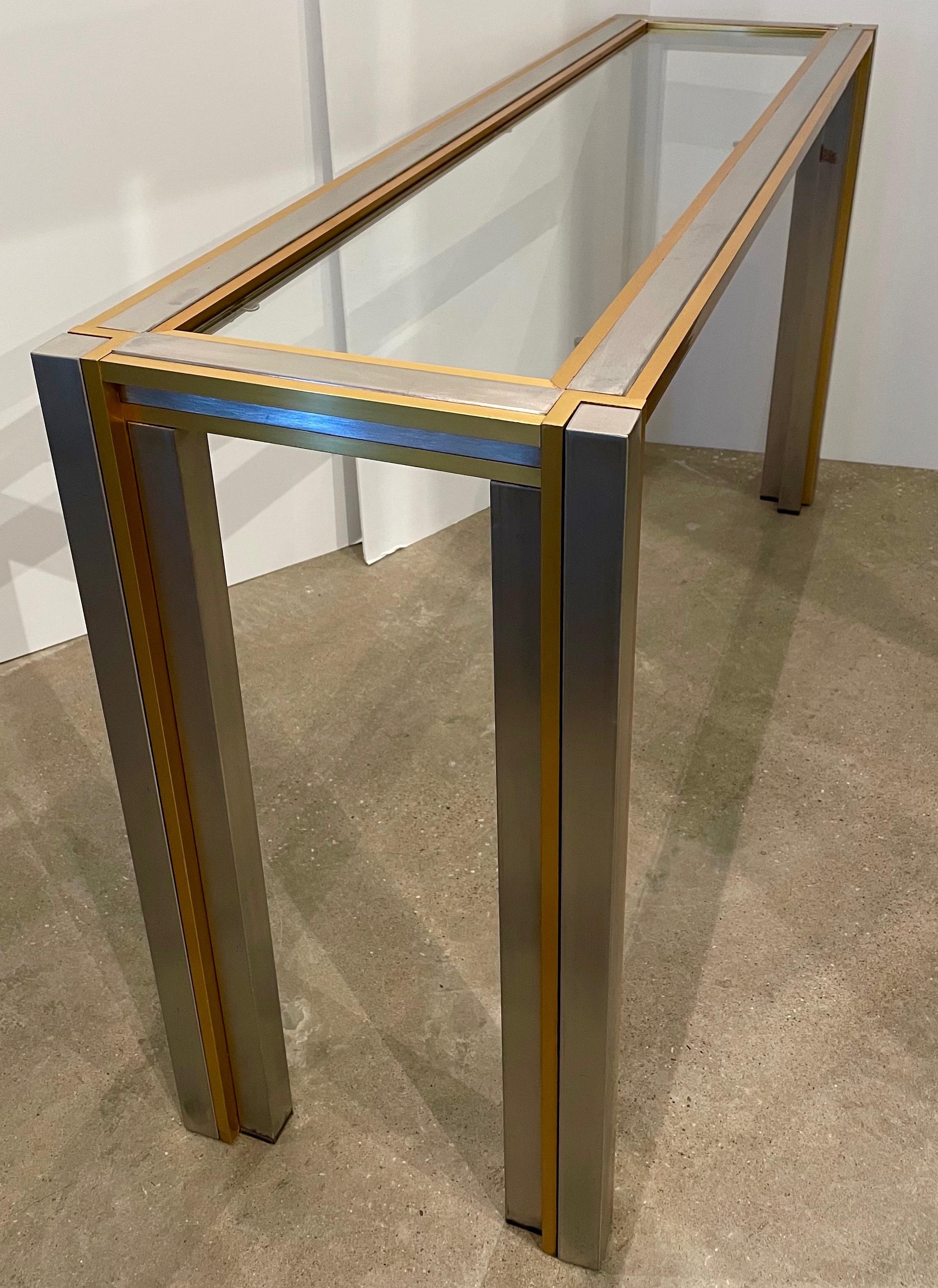 Willy Rizzo Attrib, Inlaid Glass, Gold Tone Aluminum & Steel Frame Console Table In Good Condition In Houston, TX