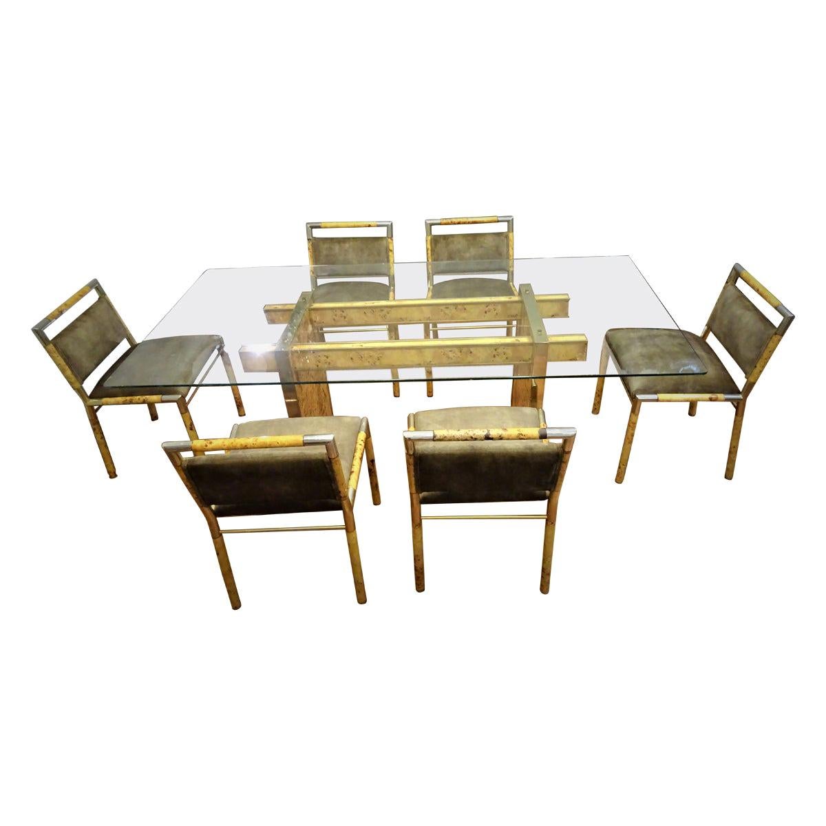 Willy Rizzo Attributed, Italian Dining Room Set, Dining Table and Six Chairs