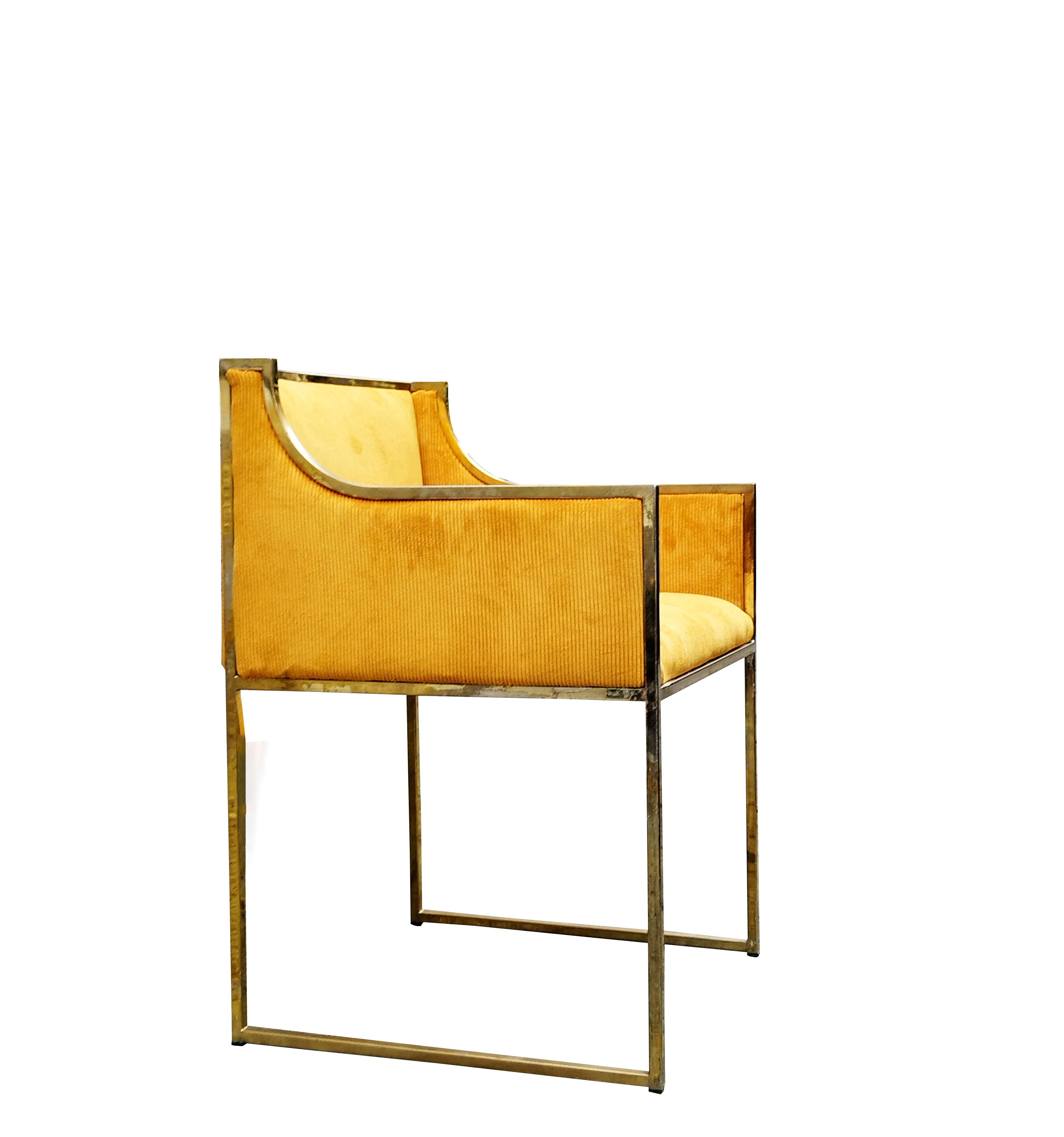 Mid-Century Modern Willy Rizzo Attributed Yellow Fabric and Brass Armchair, Italy, 1970s