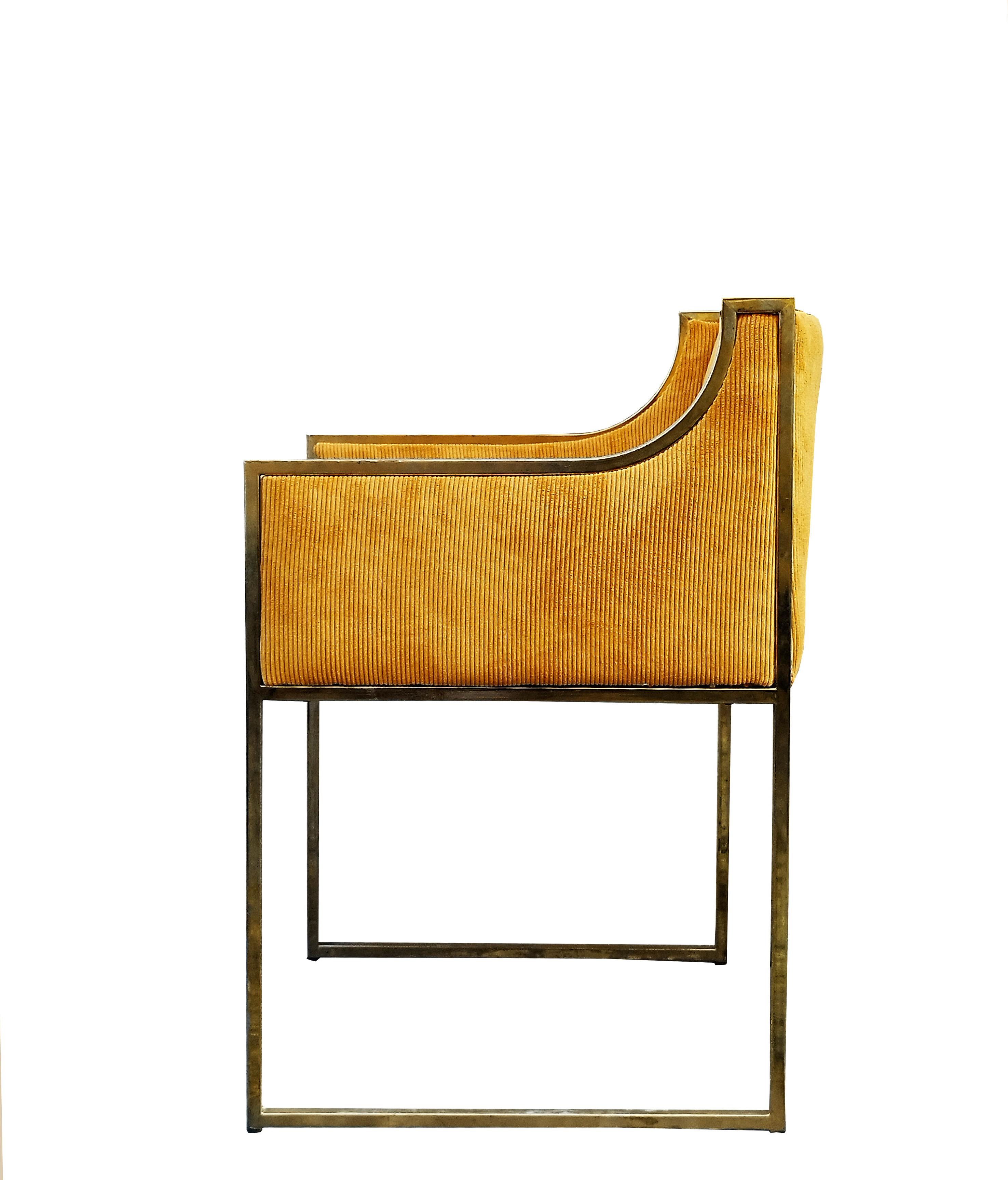 Italian Willy Rizzo Attributed Yellow Fabric and Brass Armchair, Italy, 1970s
