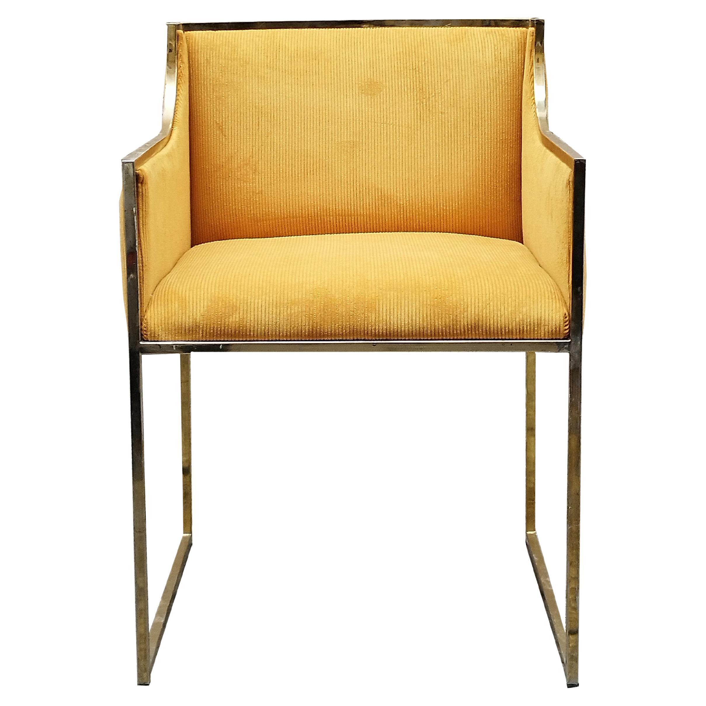 Willy Rizzo Attributed Yellow Fabric and Brass Armchair, Italy, 1970s