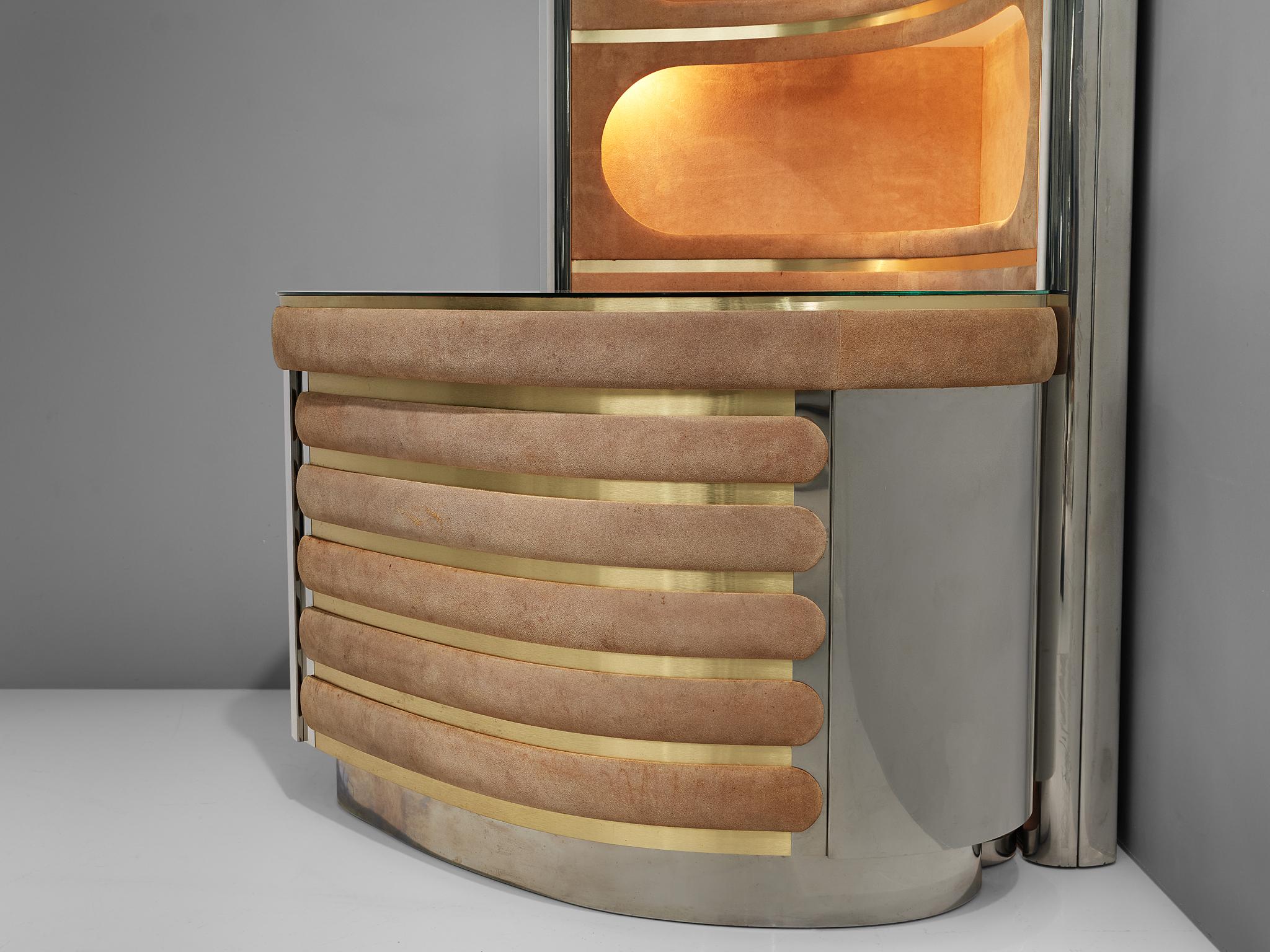 Metal Willy Rizzo Bar Cabinet in Brown Suede