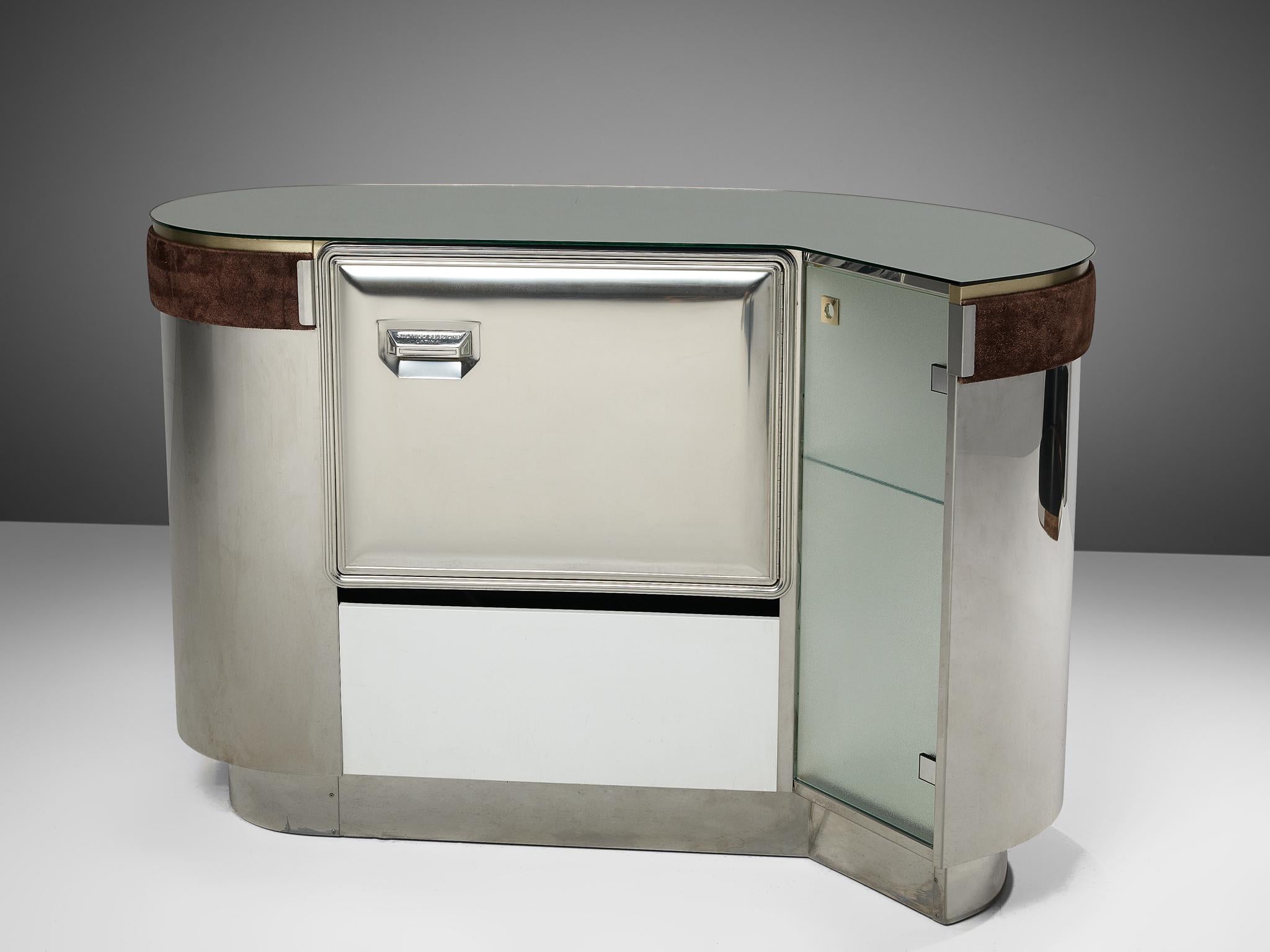 Willy Rizzo Bar Cabinet in Metal and Brown Suede 3