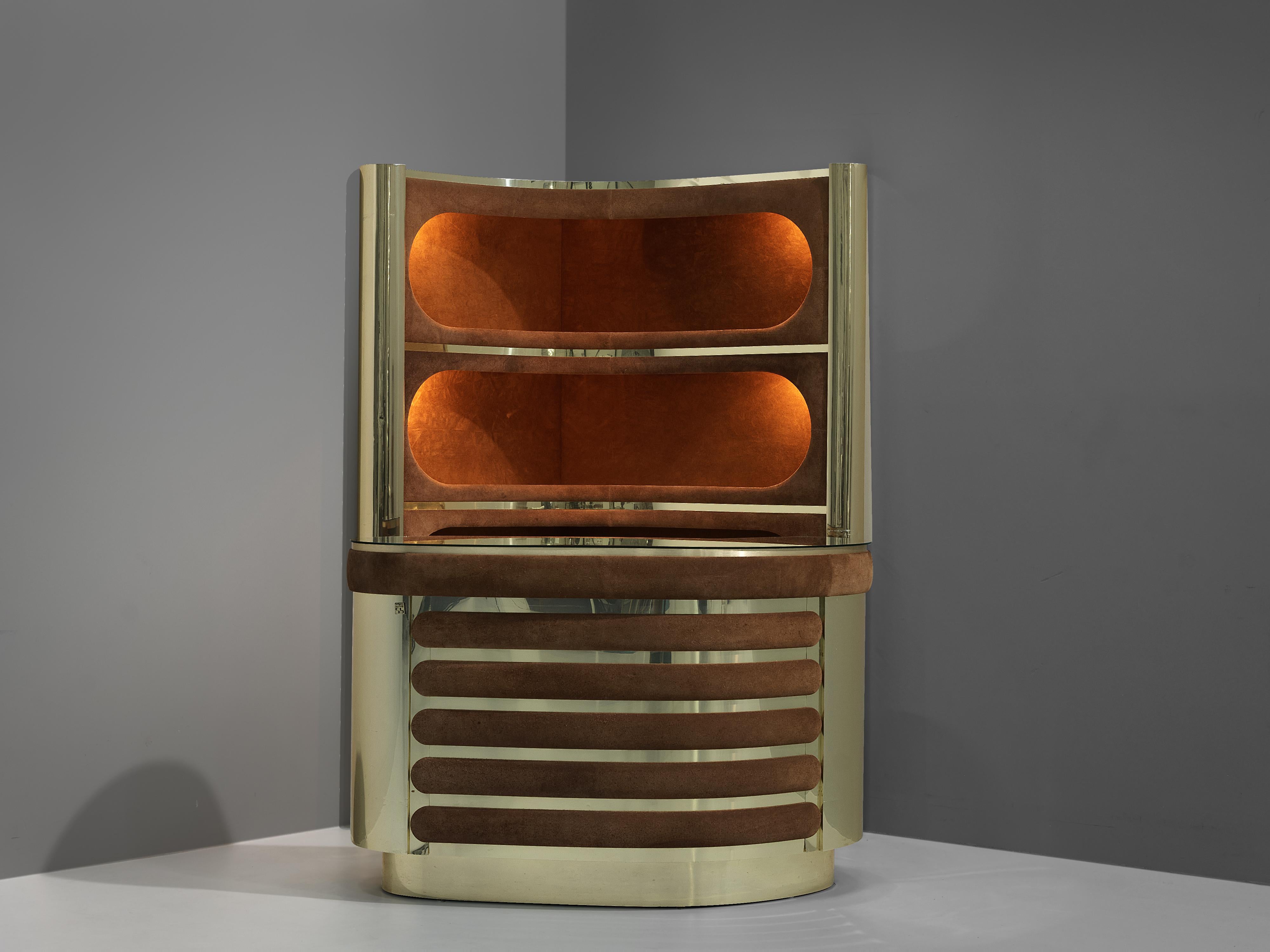 Italian Willy Rizzo Bar Cabinet in Metal and Brown Suede