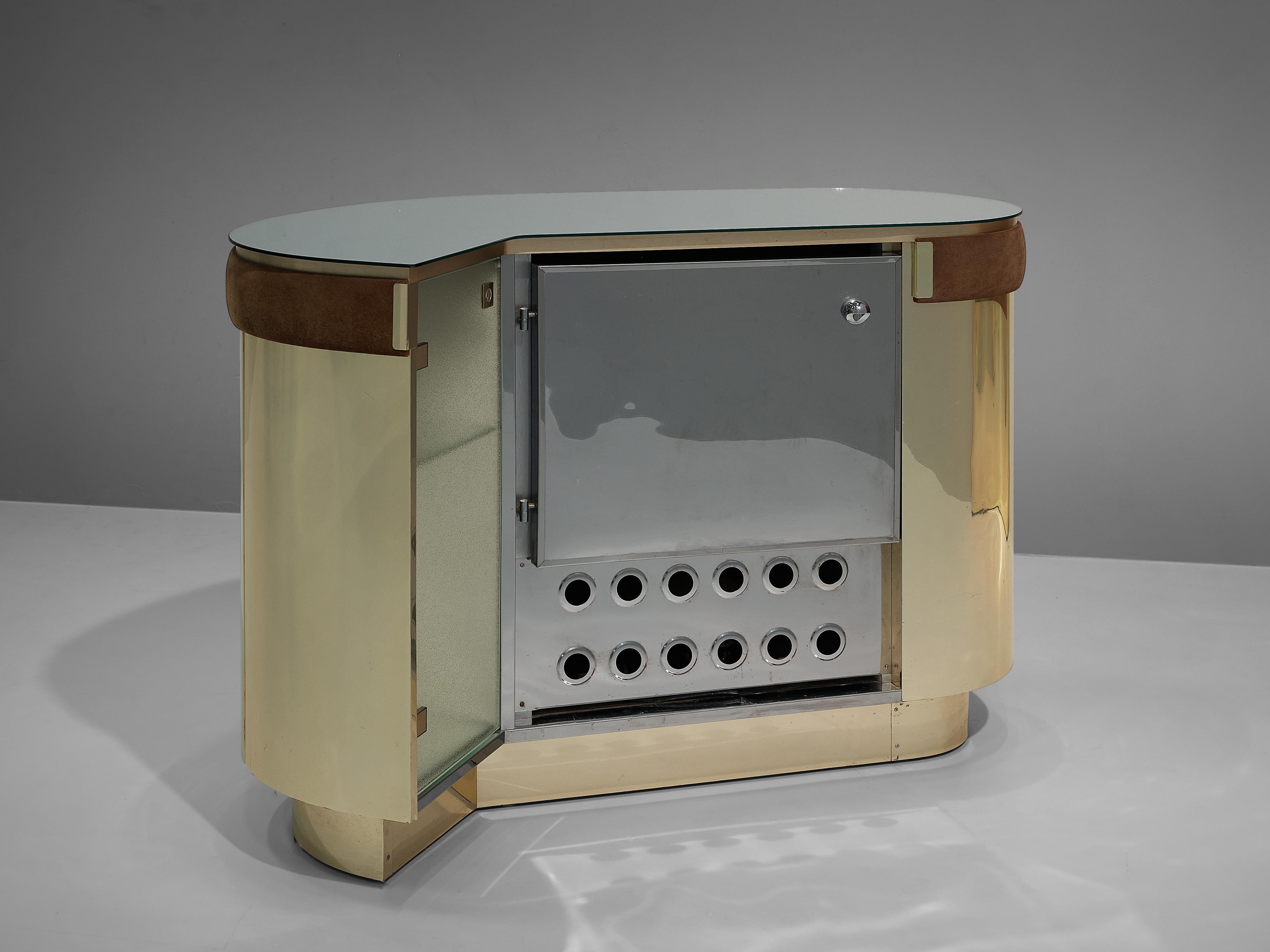 Willy Rizzo Bar Cabinet in Metal and Brown Suede 1